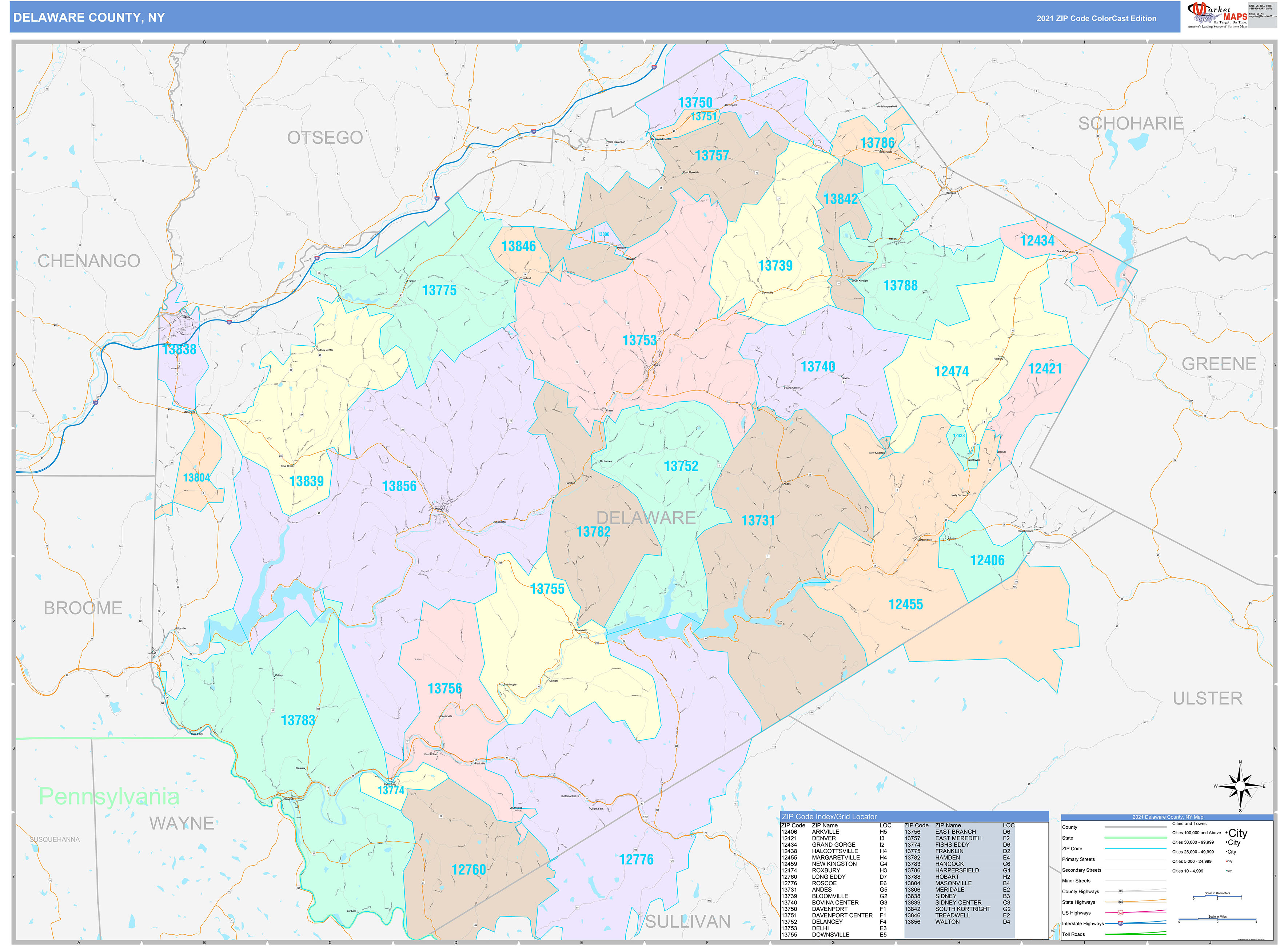 Delaware County, NY Wall Map Color Cast Style by MarketMAPS