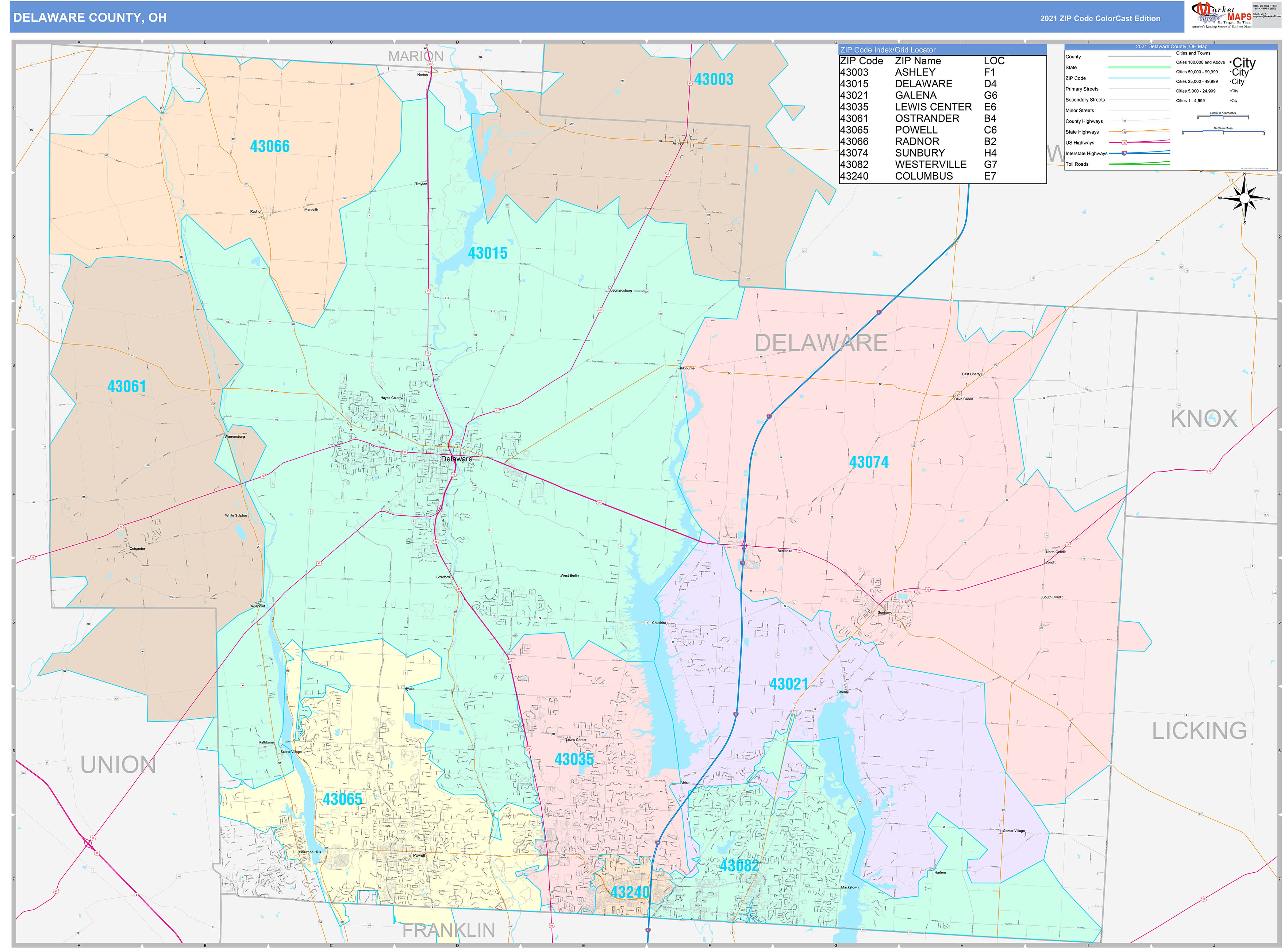 Delaware County, OH Wall Map Color Cast Style by MarketMAPS - MapSales.com