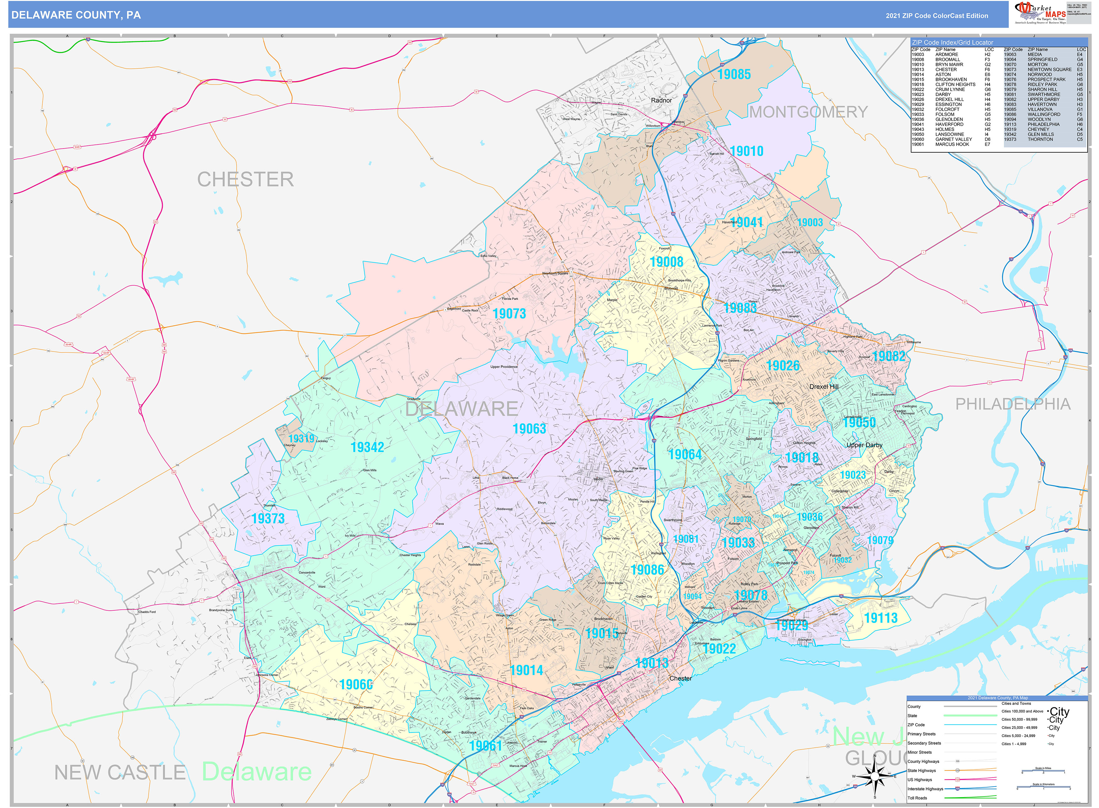 Delaware County, PA Wall Map Color Cast Style by MarketMAPS - MapSales