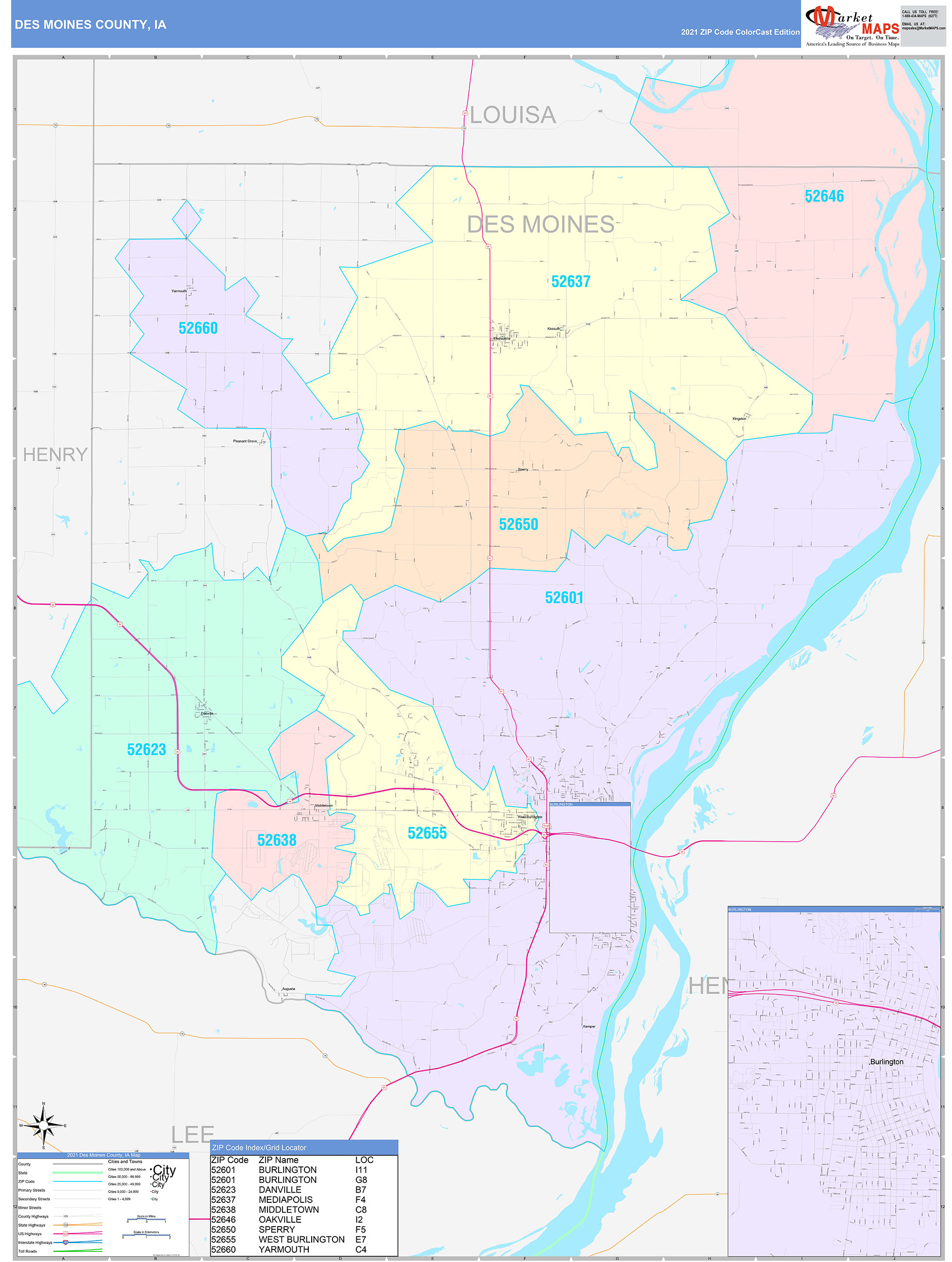 Des Moines County Ia Wall Map Color Cast Style By Marketmaps 8841