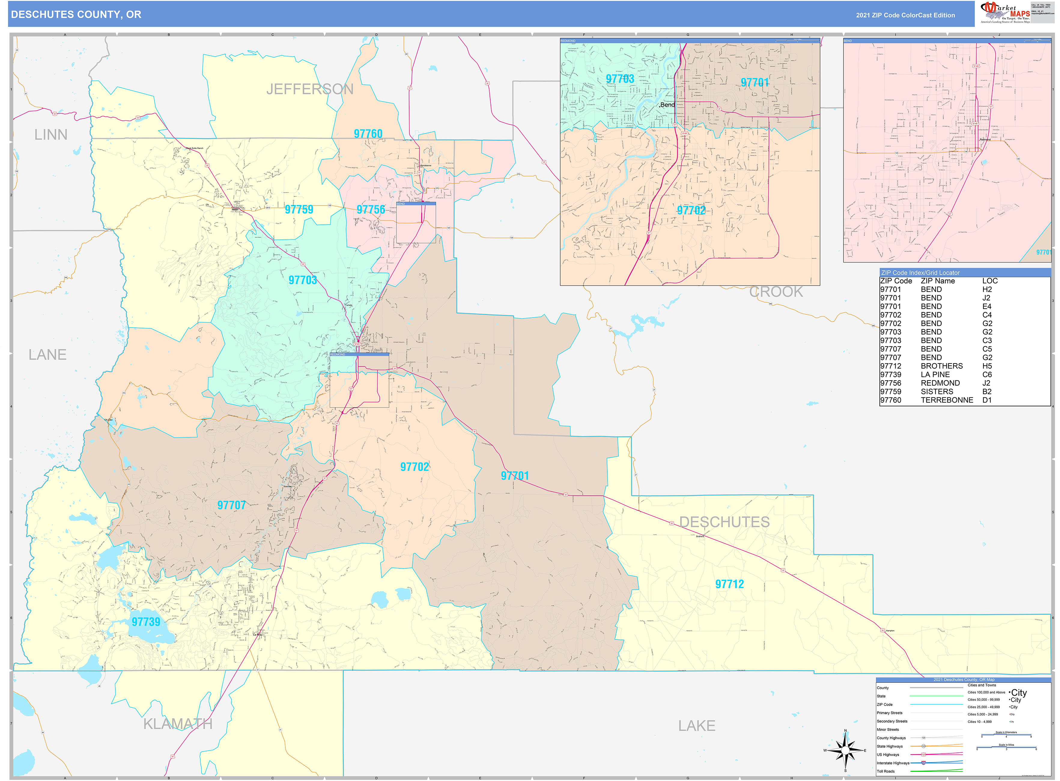 Deschutes County, OR Wall Map Color Cast Style by MarketMAPS MapSales