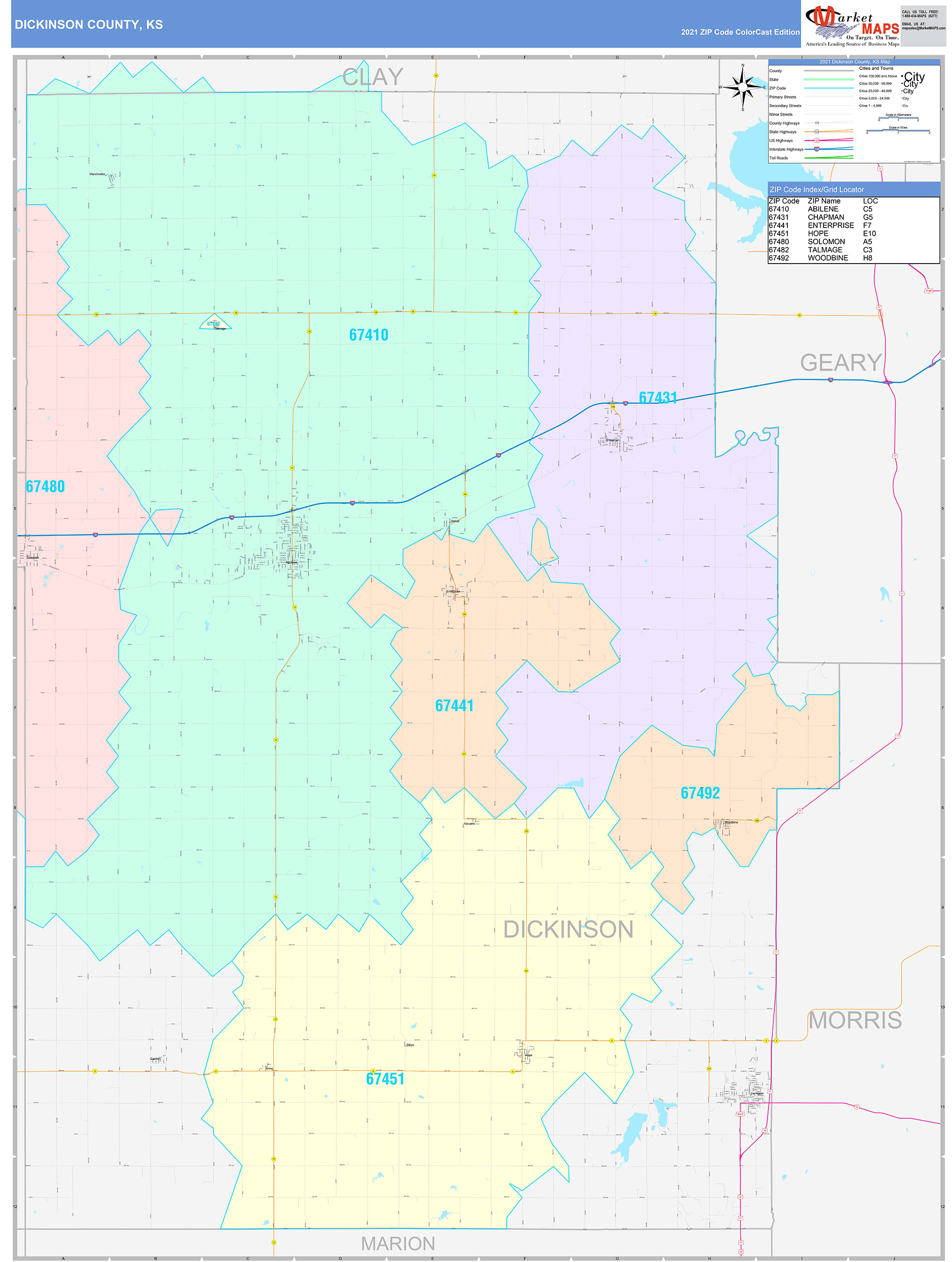 Dickinson County, KS Wall Map Color Cast Style by MarketMAPS - MapSales.com