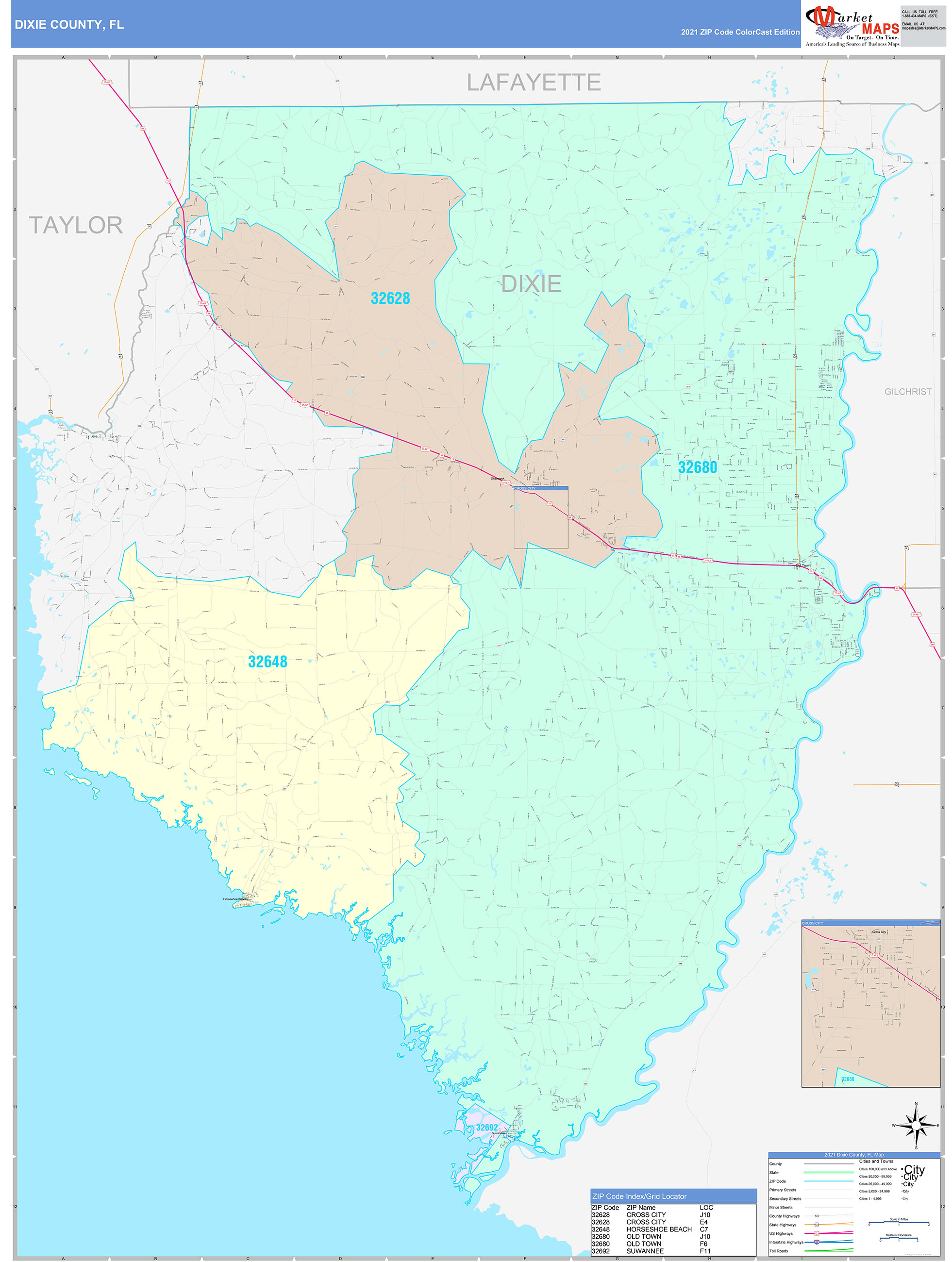 Dixie County, FL Wall Map Color Cast Style by MarketMAPS - MapSales.com