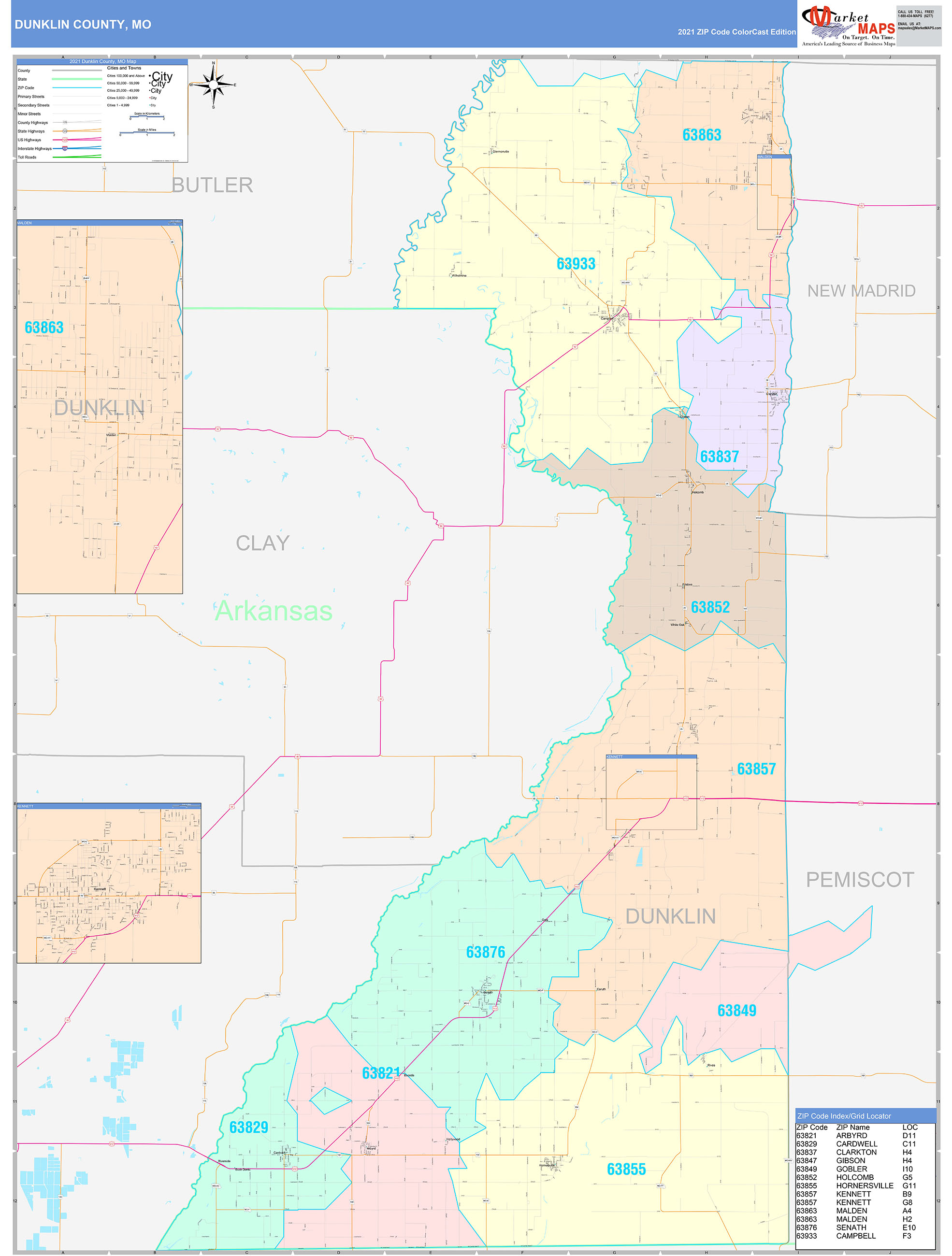 Dunklin County, MO Wall Map Color Cast Style by MarketMAPS - MapSales.com