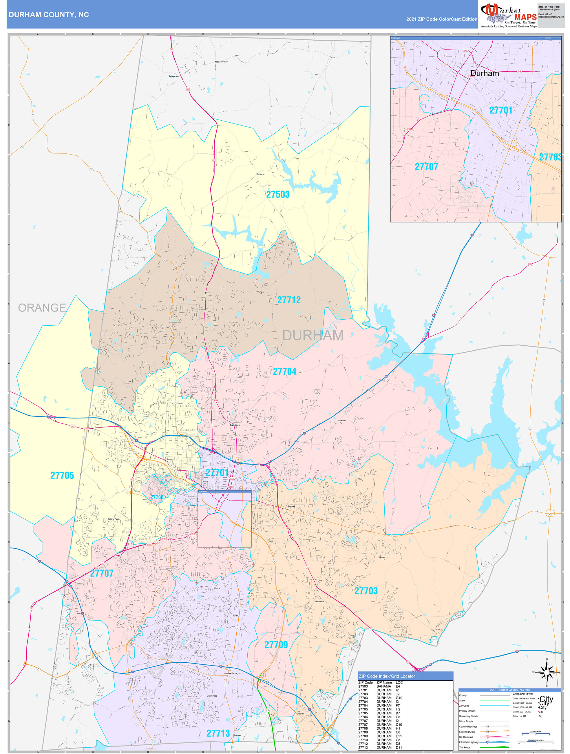 Durham County, NC Wall Map Color Cast Style by MarketMAPS - MapSales.com