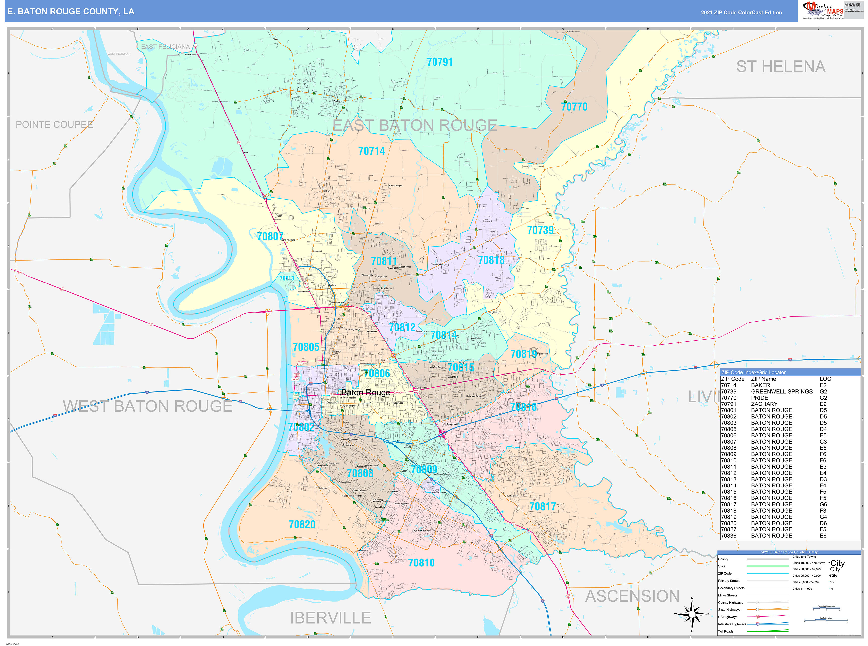 E. Baton Rouge County, LA Wall Map Color Cast Style by MarketMAPS ...