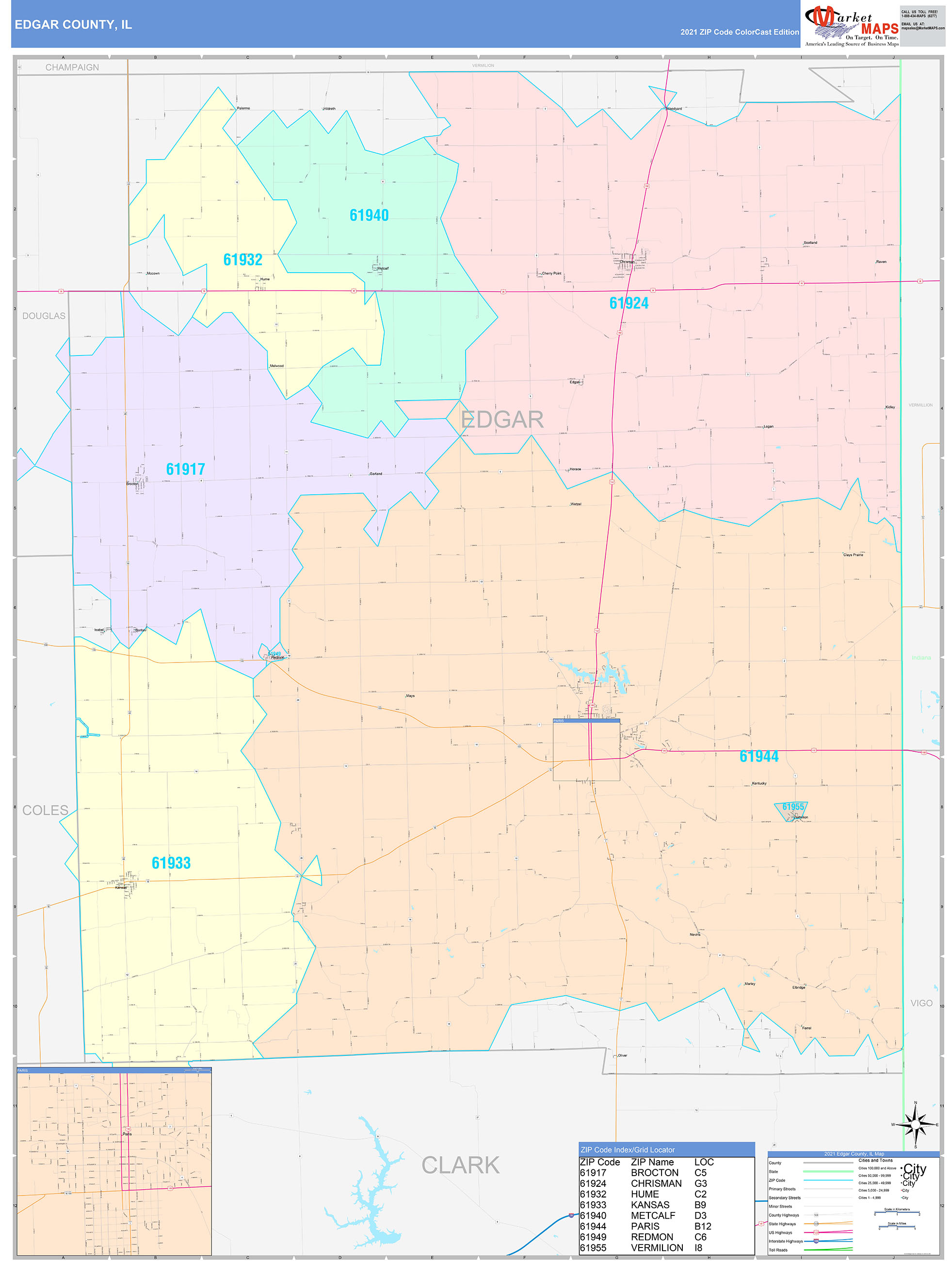 Edgar County, IL Wall Map Color Cast Style by MarketMAPS