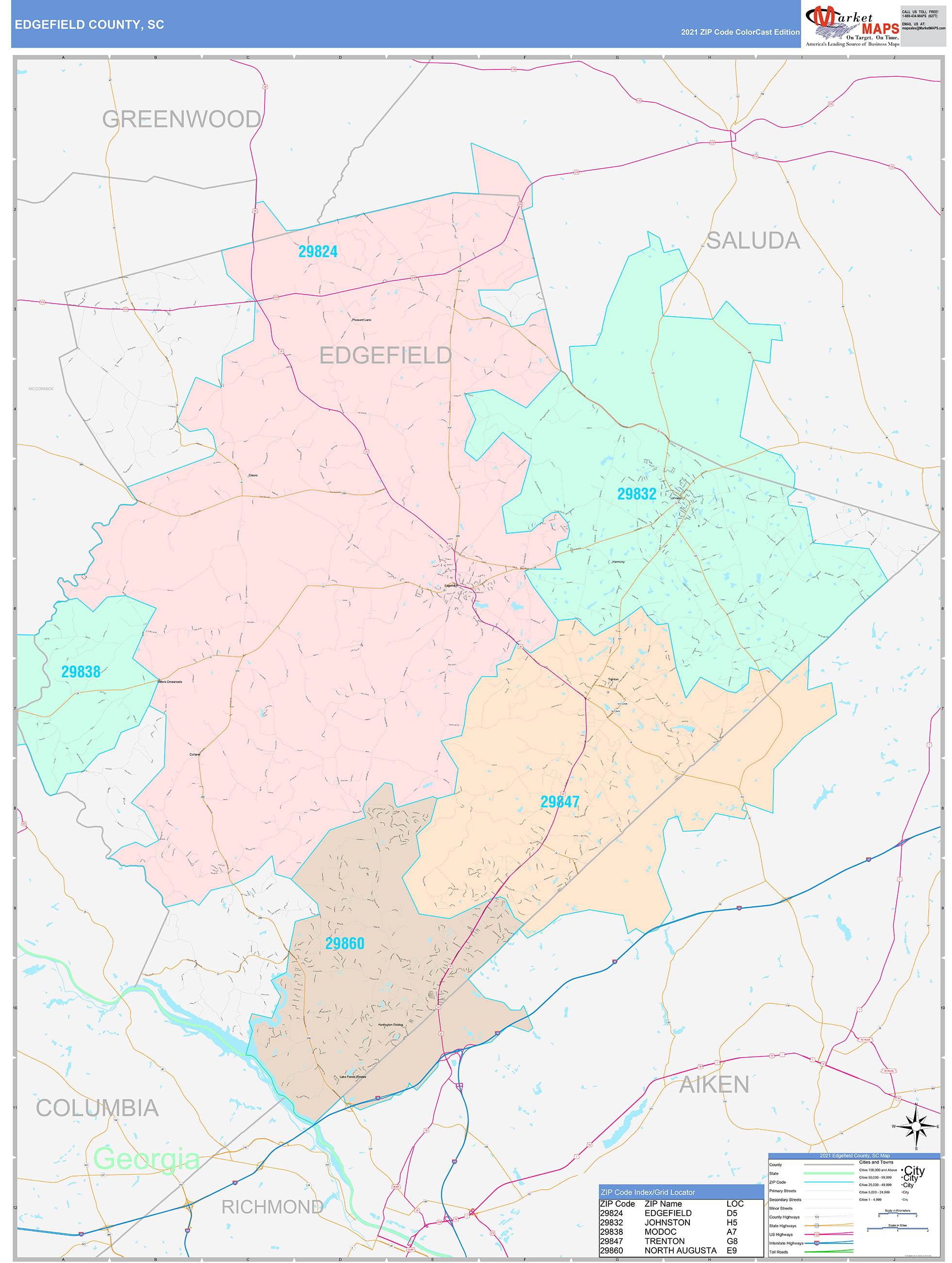 Edgefield County, SC Wall Map Color Cast Style by MarketMAPS - MapSales