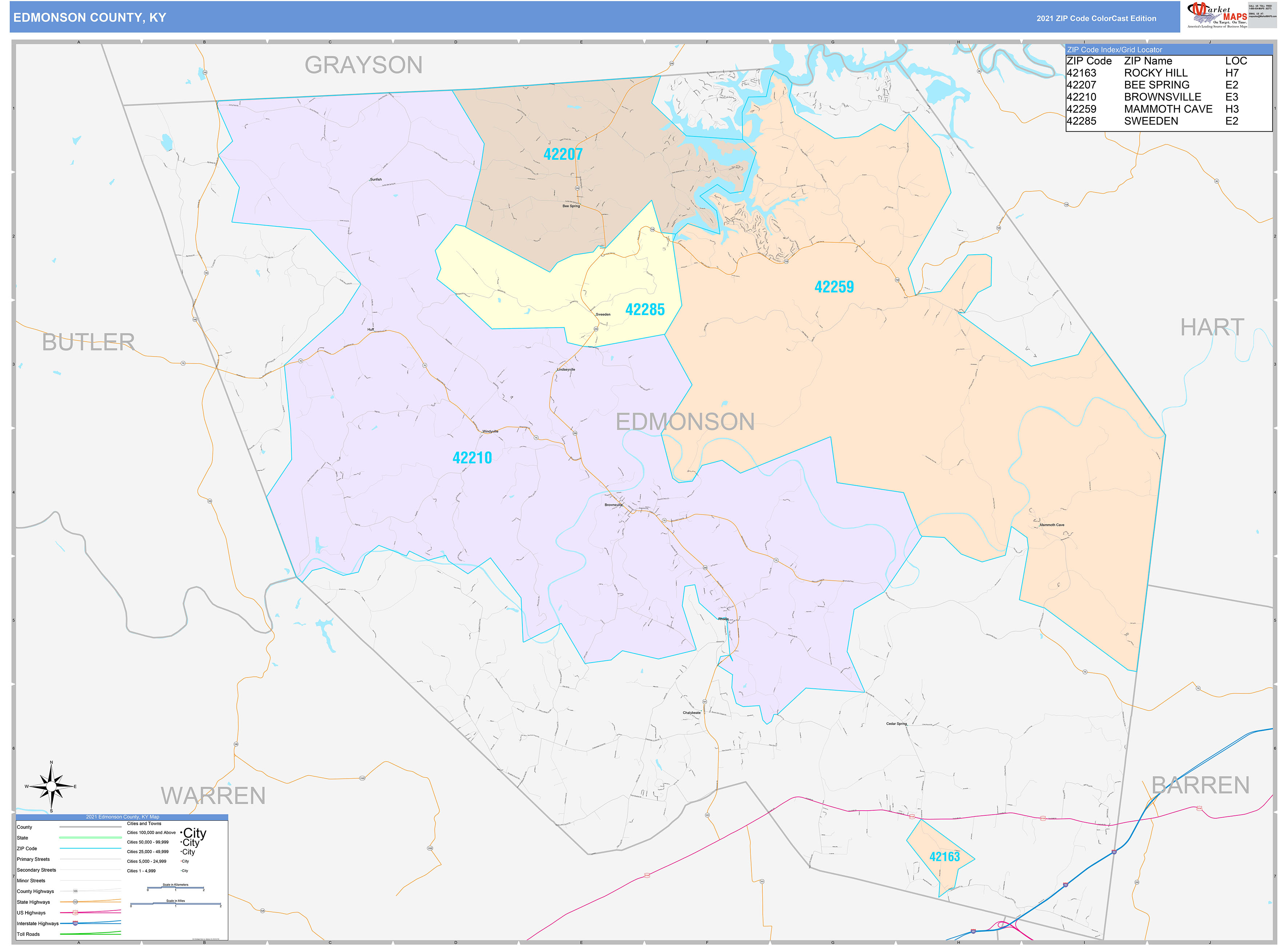 Edmonson County, KY Wall Map Color Cast Style By MarketMAPS