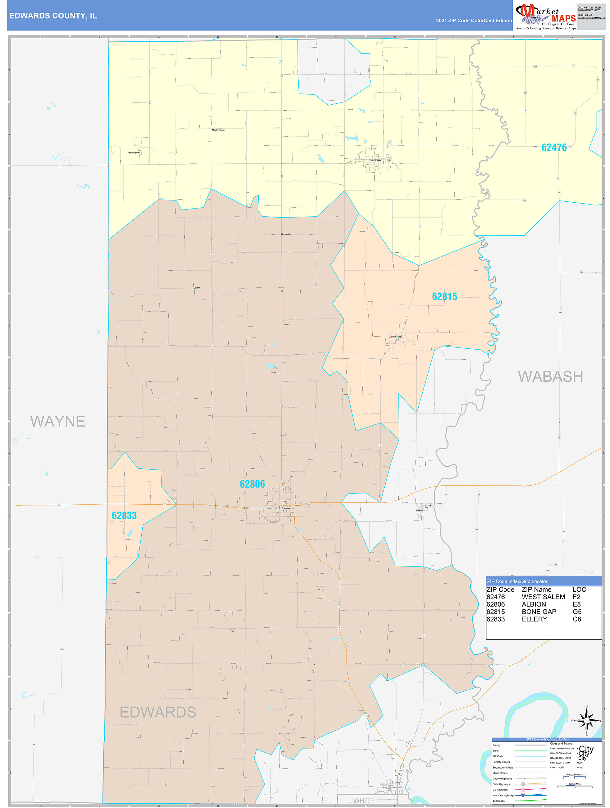 Edwards County, IL Wall Map Color Cast Style by MarketMAPS - MapSales.com