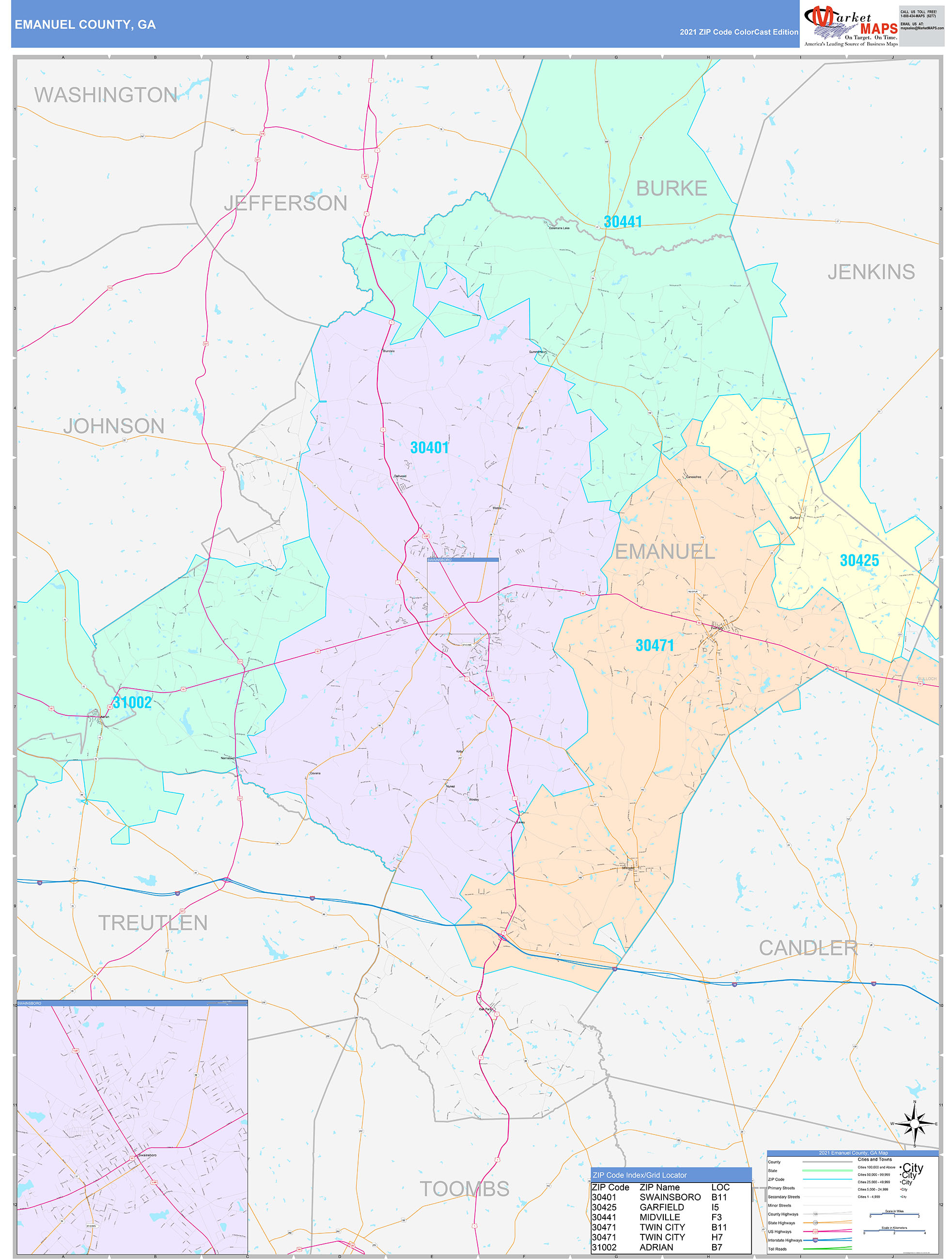 Emanuel County, GA Wall Map Color Cast Style by MarketMAPS - MapSales.com