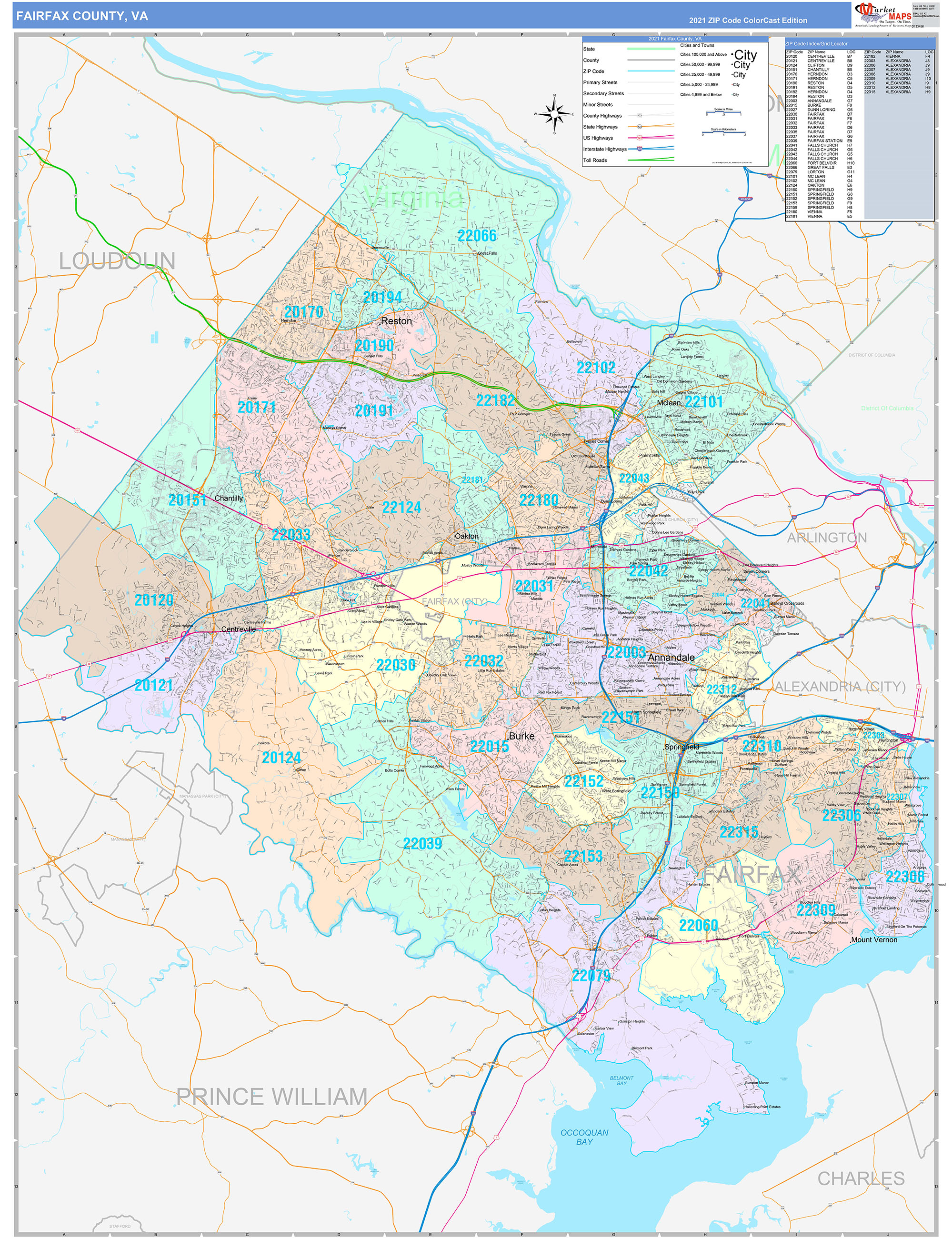 Fairfax County, VA Wall Map Color Cast Style by MarketMAPS - MapSales