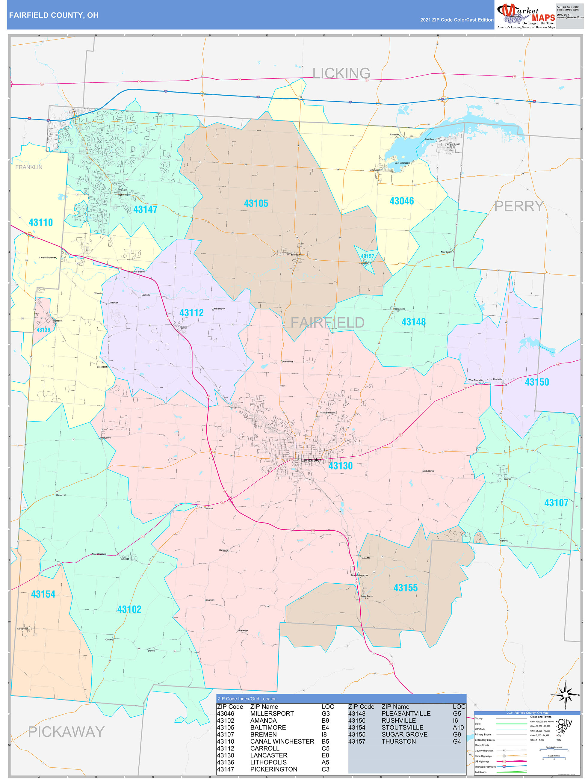 Fairfield County, OH Wall Map Color Cast Style by MarketMAPS - MapSales.com