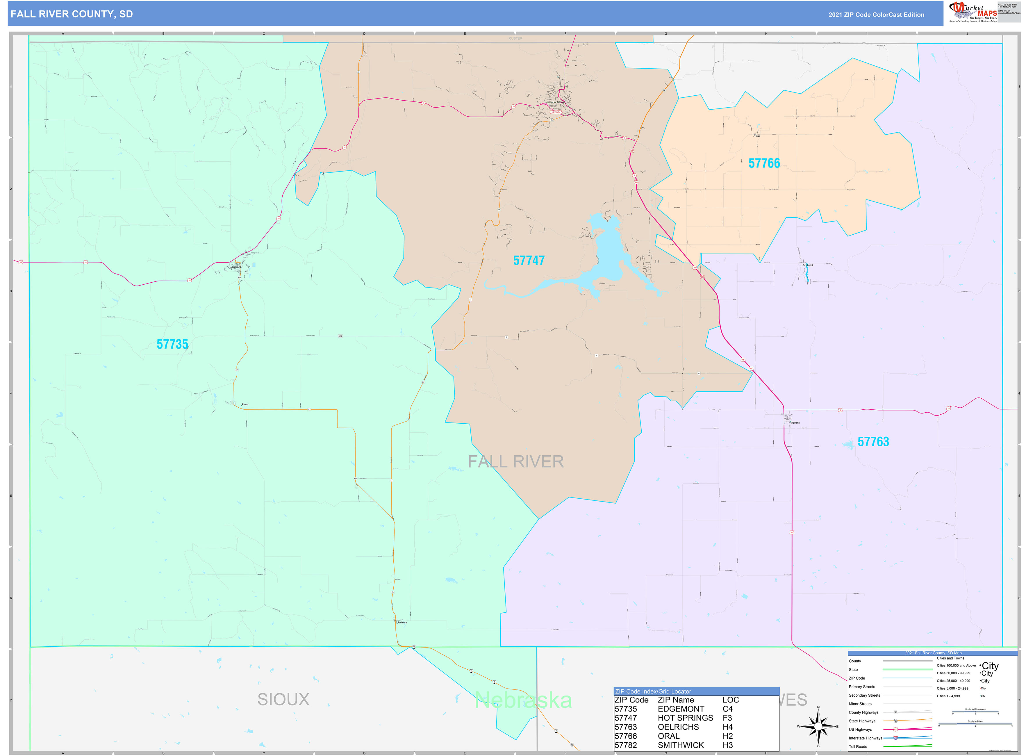 Fall River County, SD Wall Map Color Cast Style by MarketMAPS