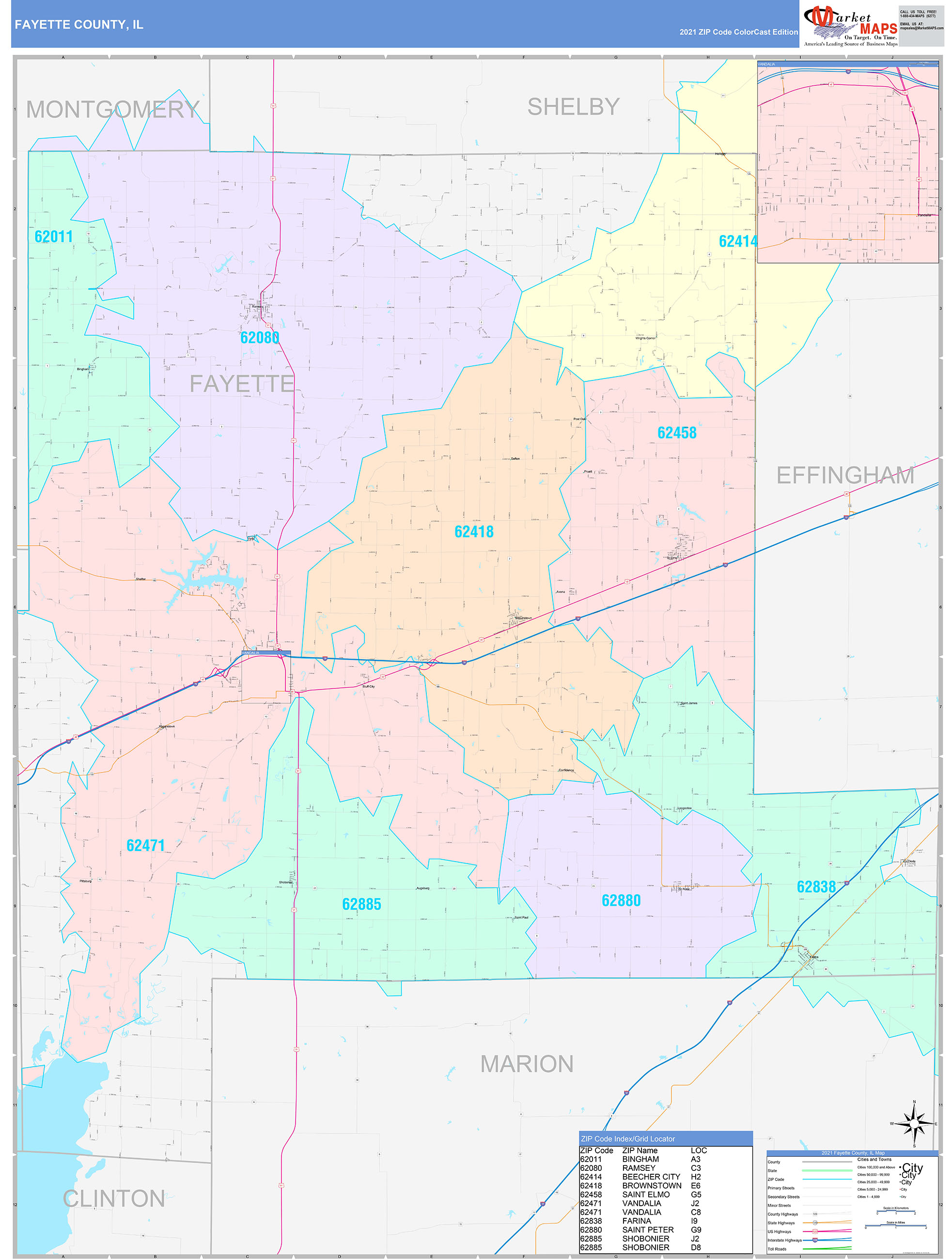 Fayette County, IL Wall Map Color Cast Style by MarketMAPS