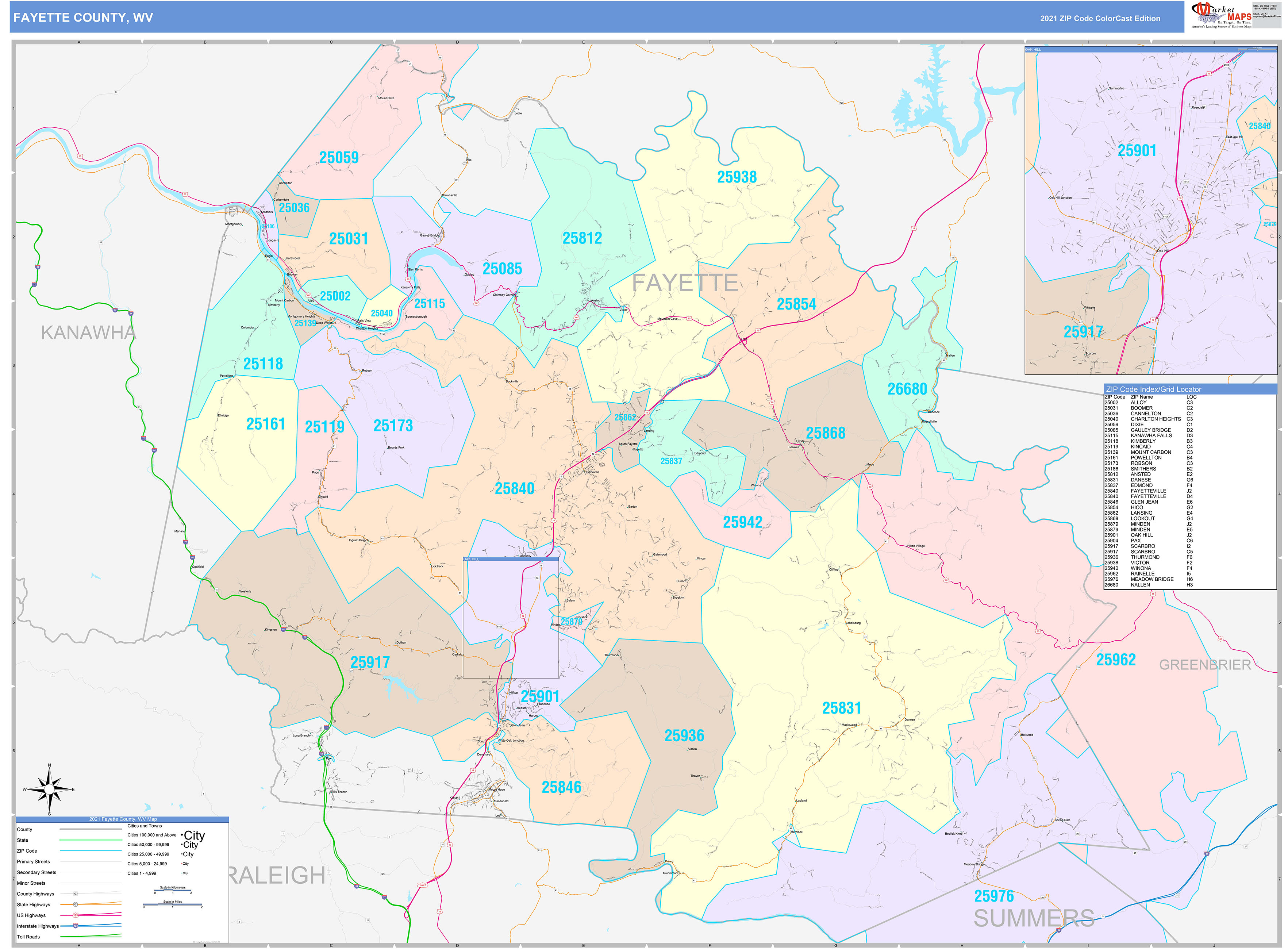 Fayette County, WV Wall Map Color Cast Style by MarketMAPS - MapSales.com