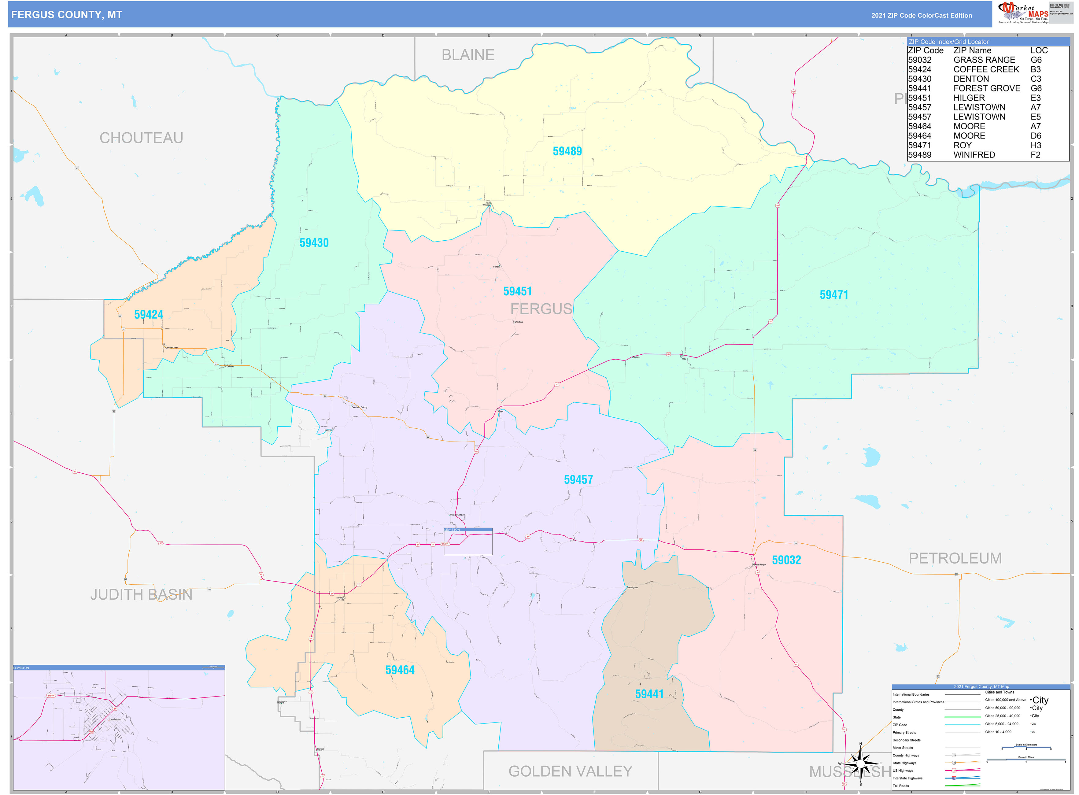 Fergus County, MT Wall Map Color Cast Style by MarketMAPS - MapSales