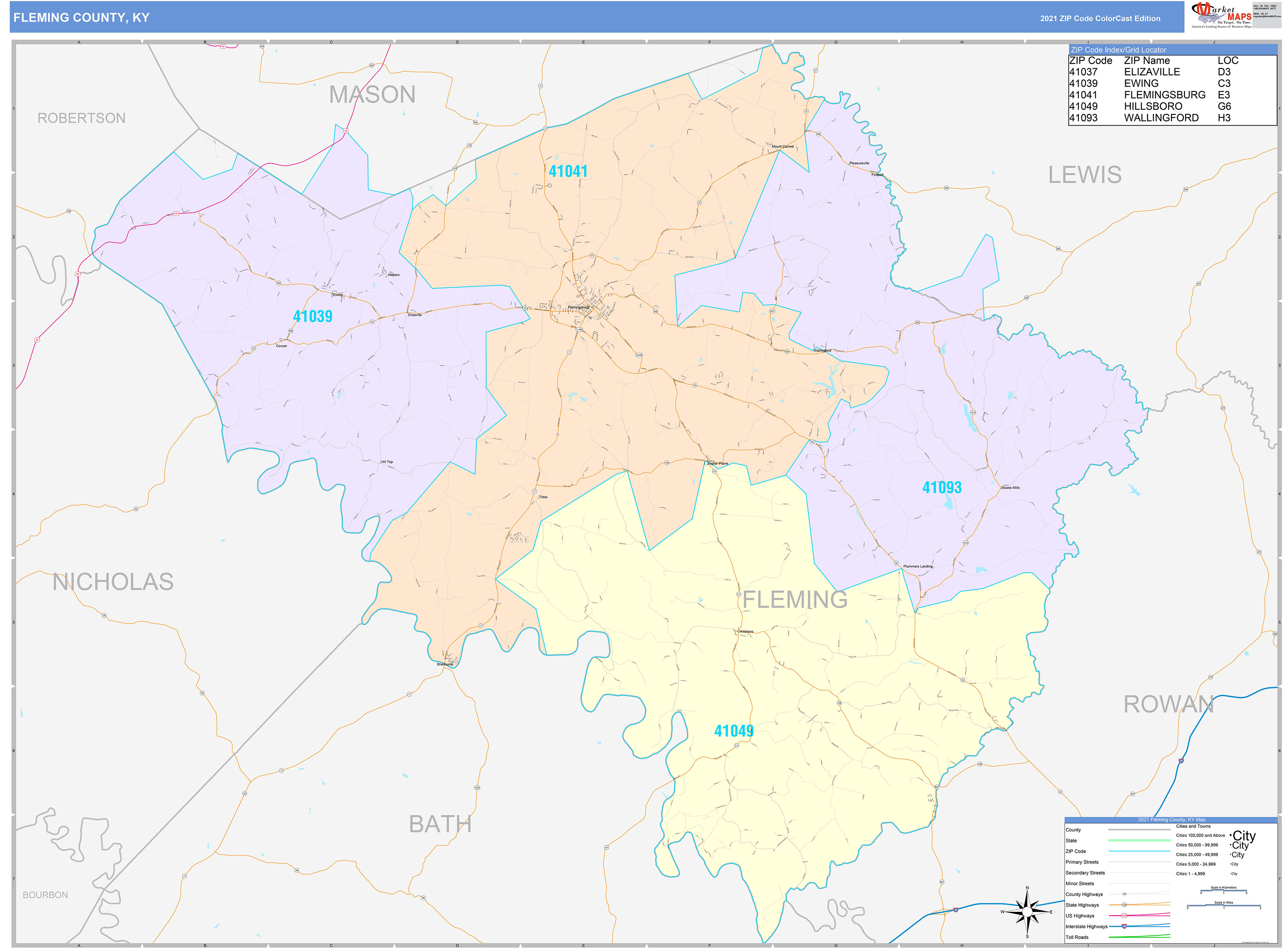 Fleming County, KY Wall Map Color Cast Style by MarketMAPS