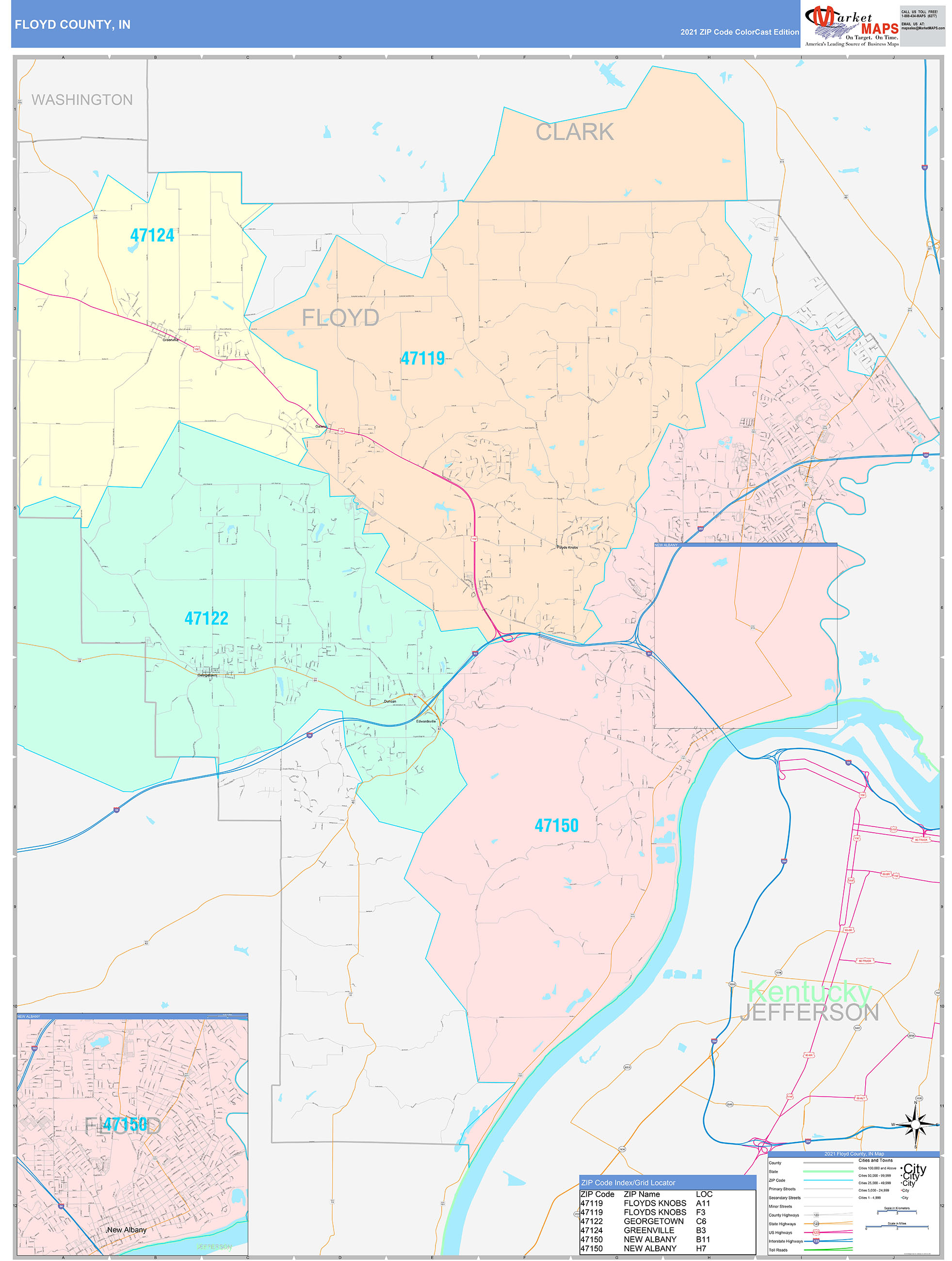 Floyd County, IN Wall Map Color Cast Style by MarketMAPS - MapSales.com