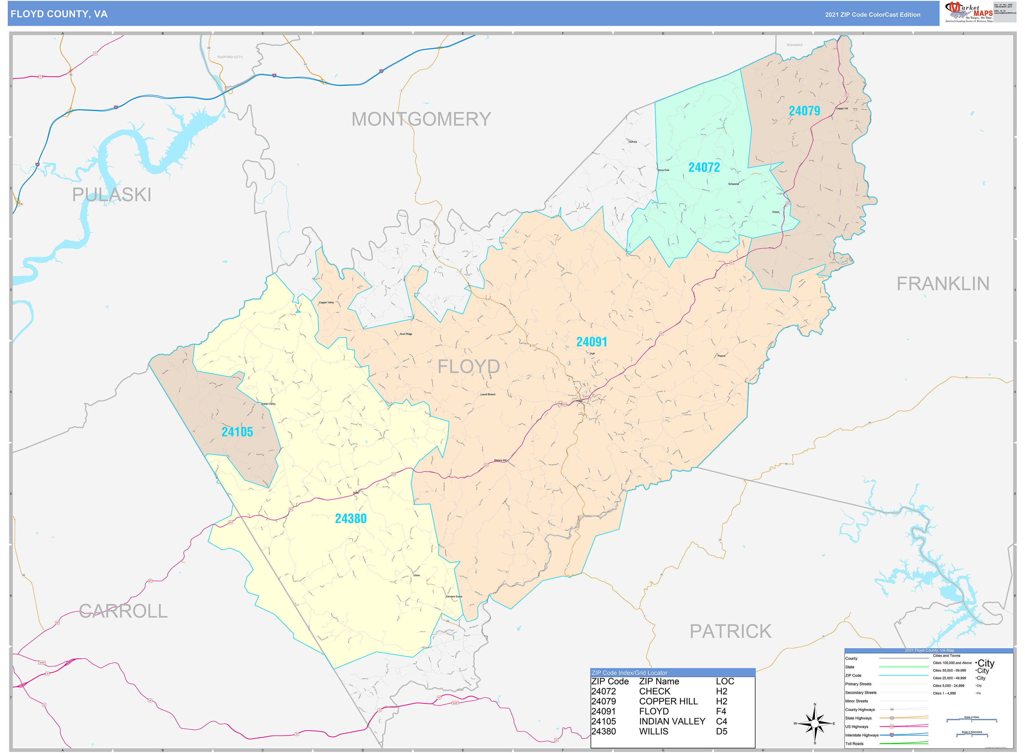 Floyd County VA Wall Map Color Cast Style by MarketMAPS