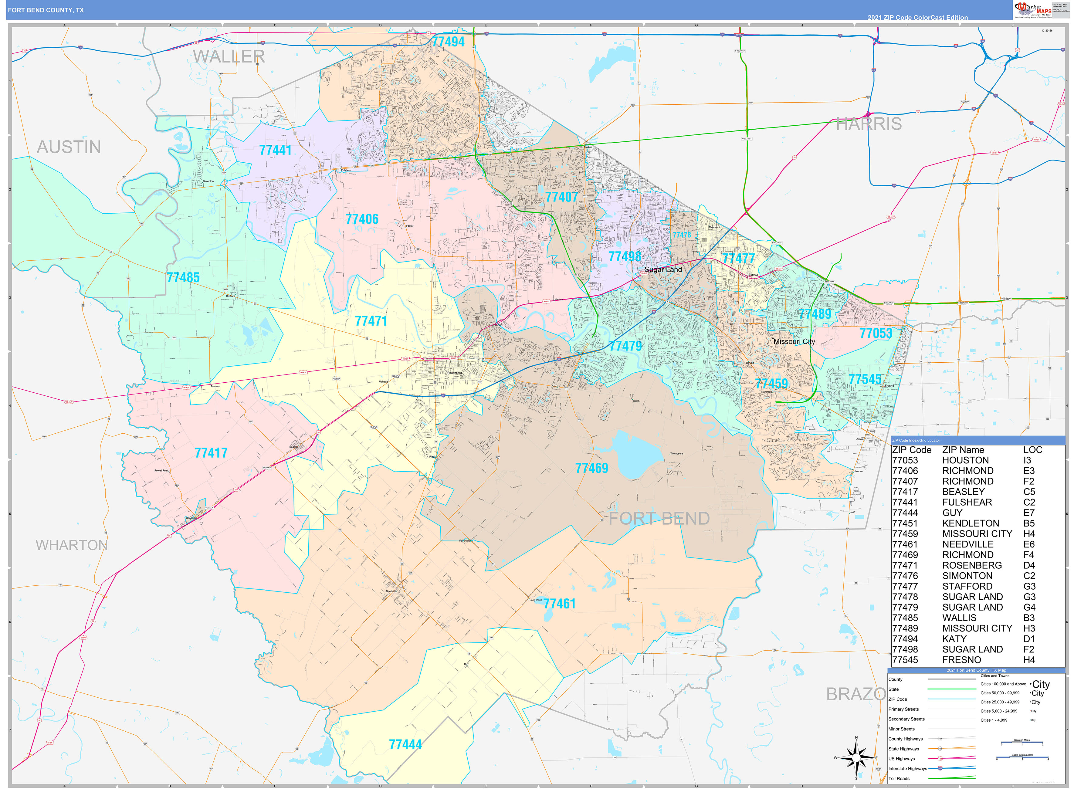 Fort Bend County, TX Wall Map Color Cast Style by MarketMAPS