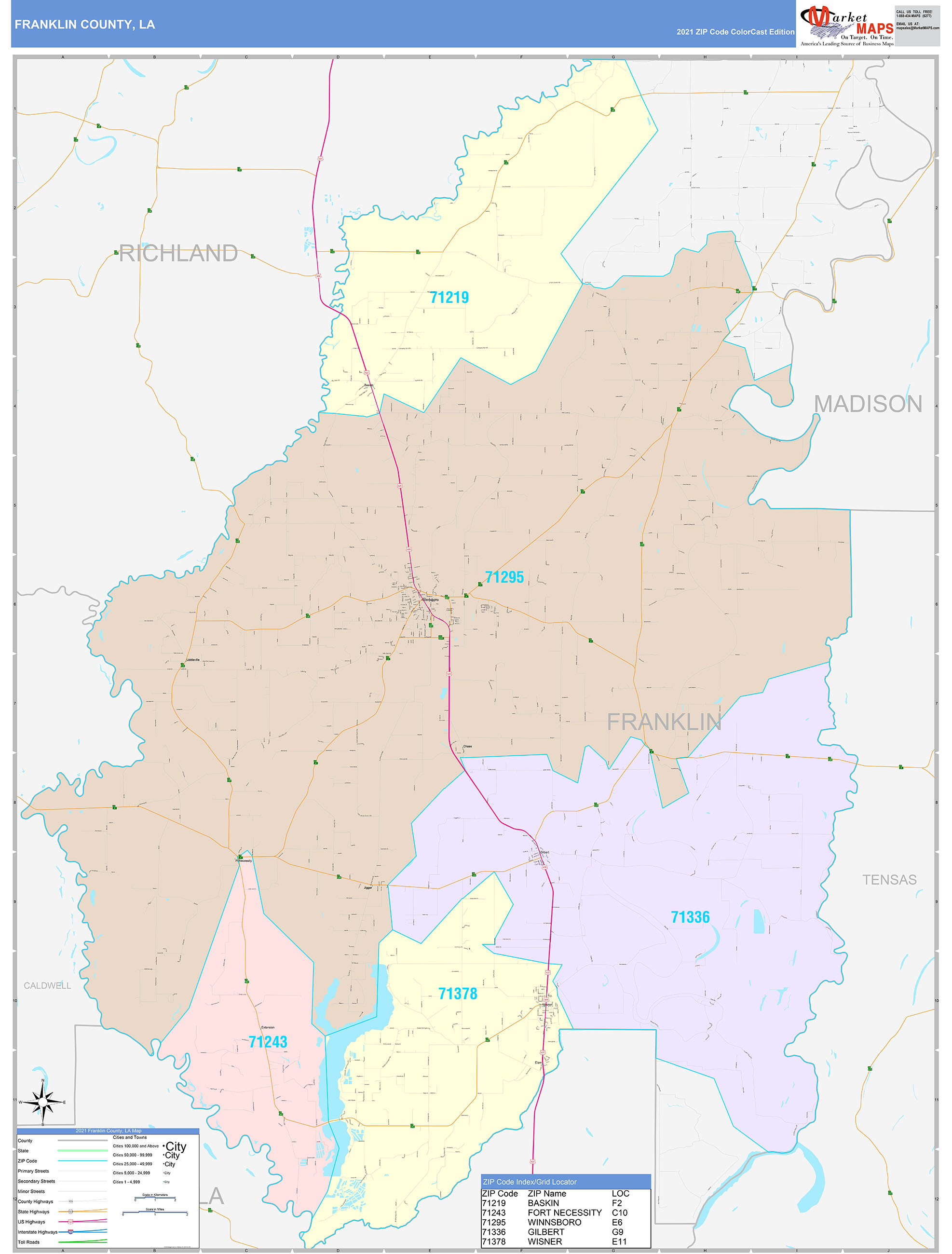 Franklin County, LA Wall Map Color Cast Style by MarketMAPS - MapSales.com