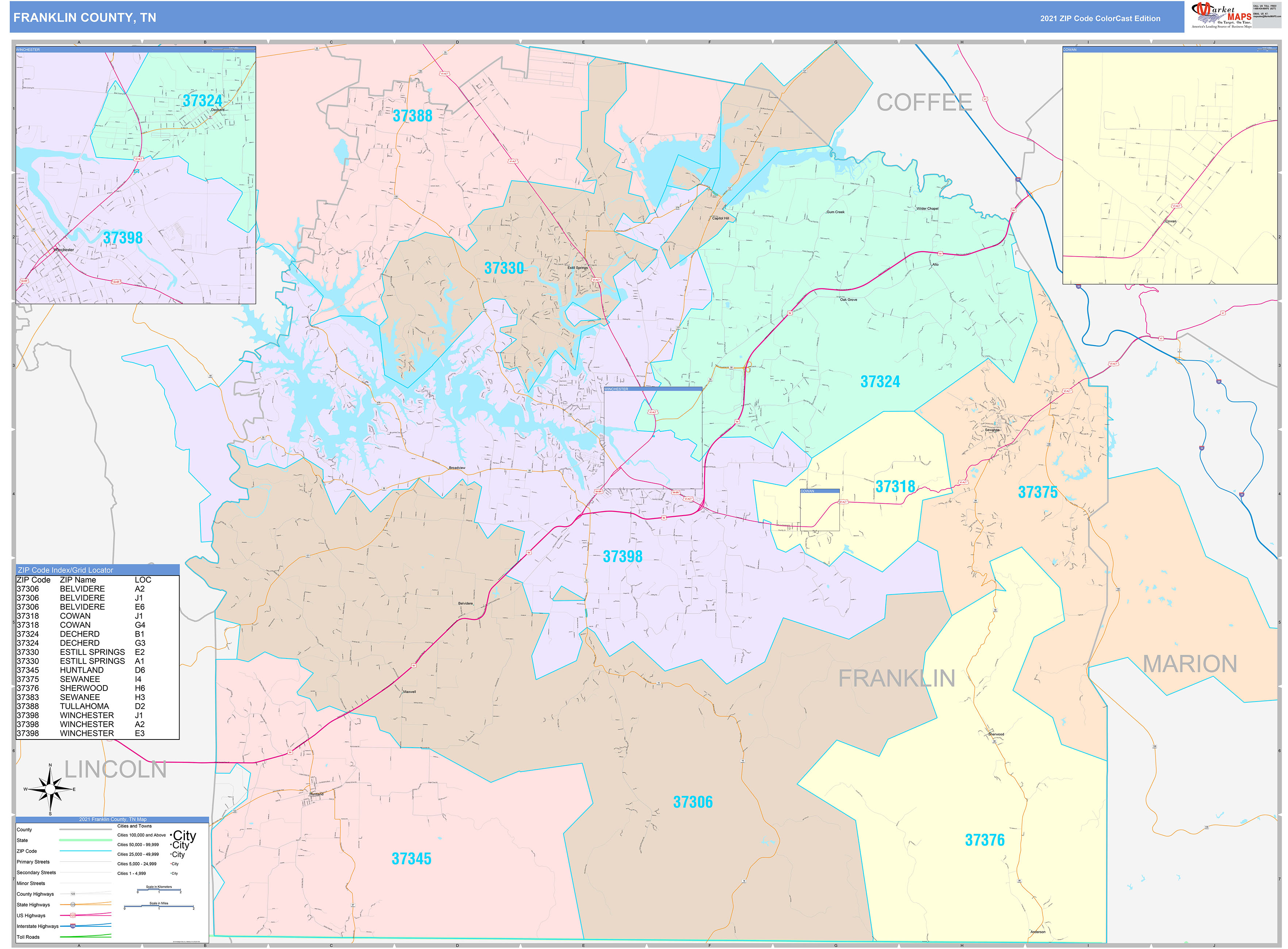 Franklin County, TN Wall Map Color Cast Style by MarketMAPS - MapSales.com