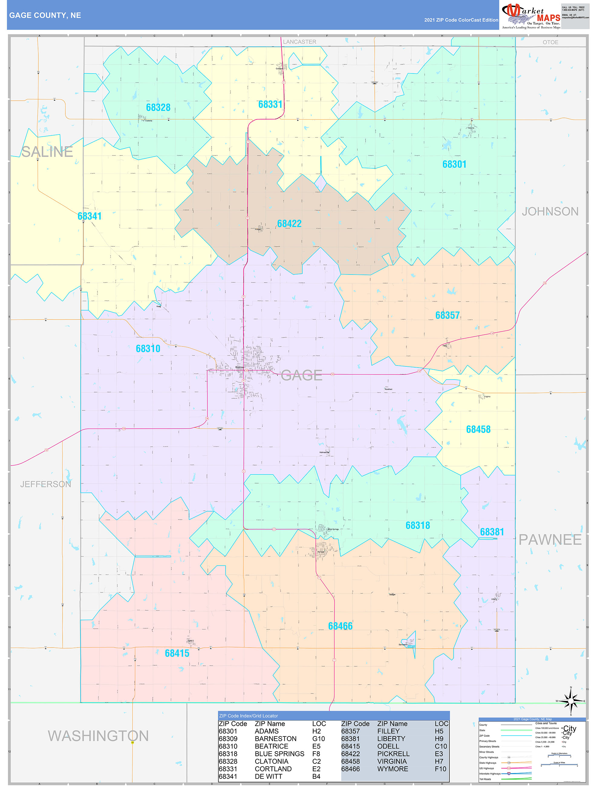 Gage County, NE Wall Map Color Cast Style by MarketMAPS - MapSales.com