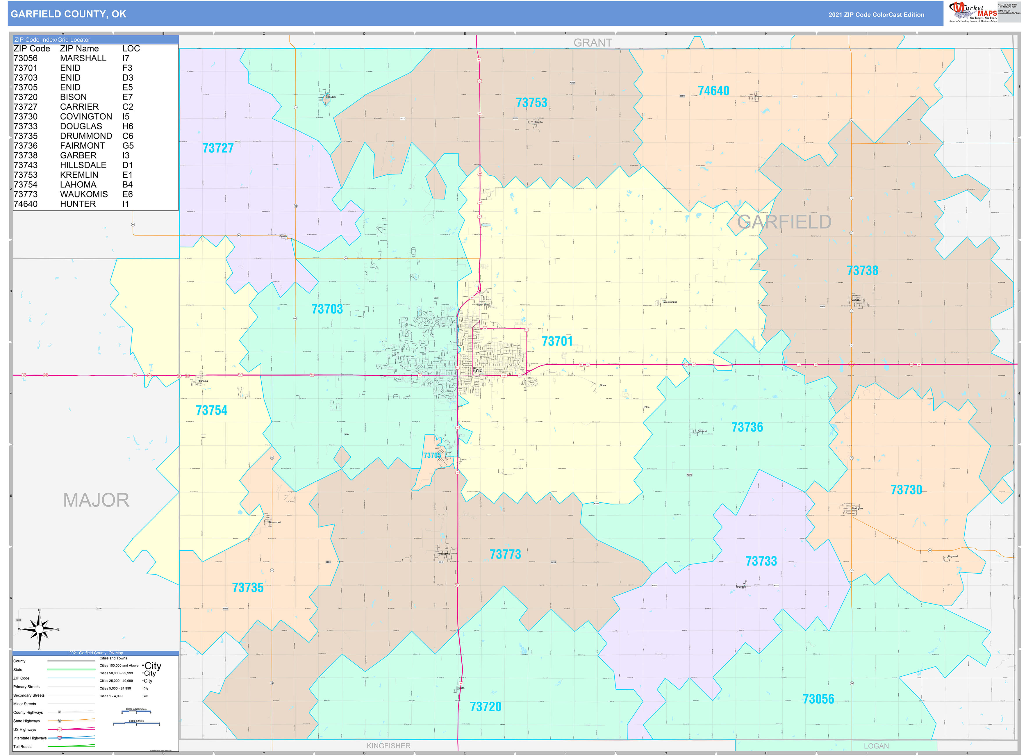 Garfield County, OK Wall Map Color Cast Style by MarketMAPS