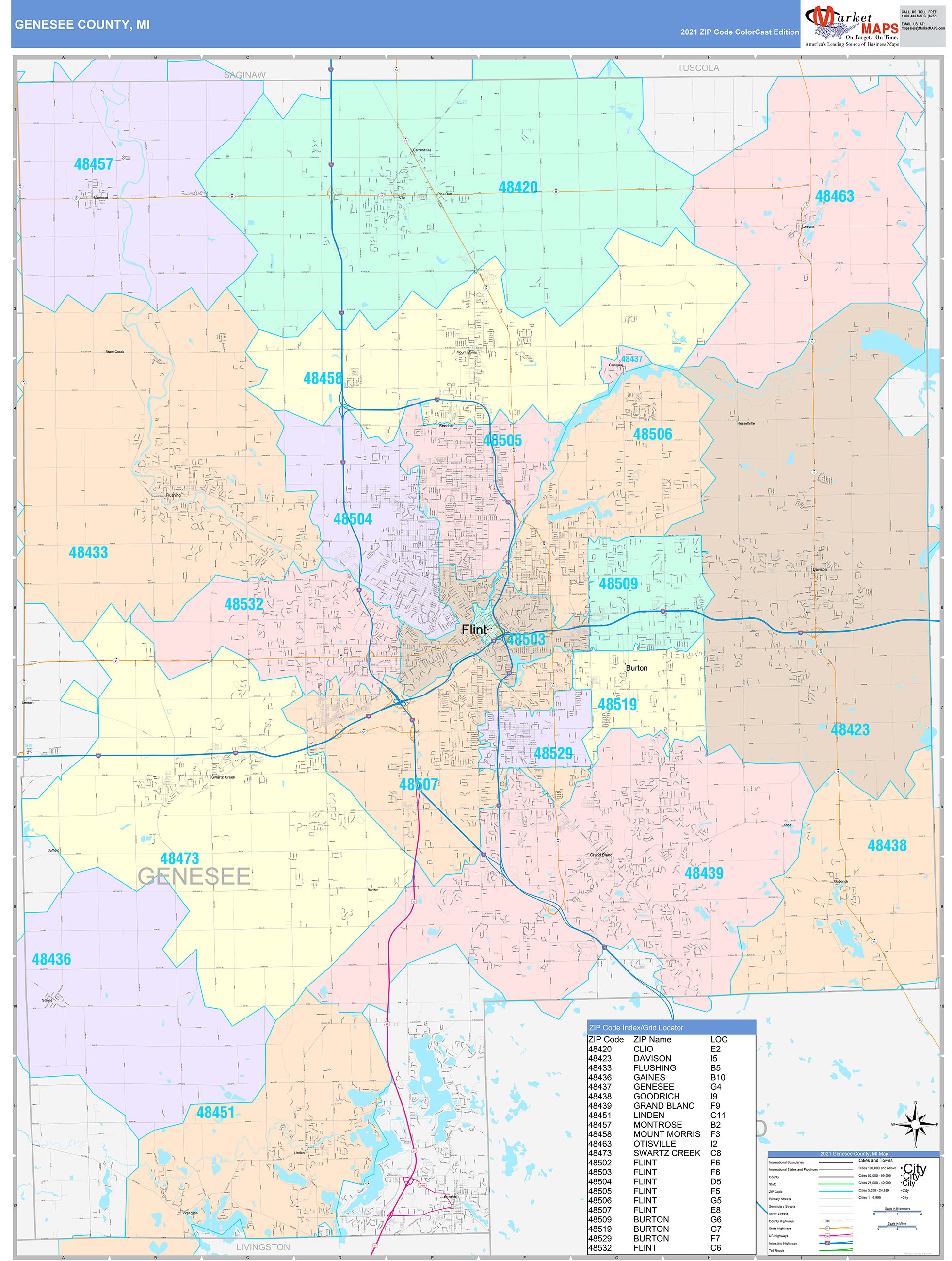 Genesee County, MI Wall Map Color Cast Style by MarketMAPS MapSales