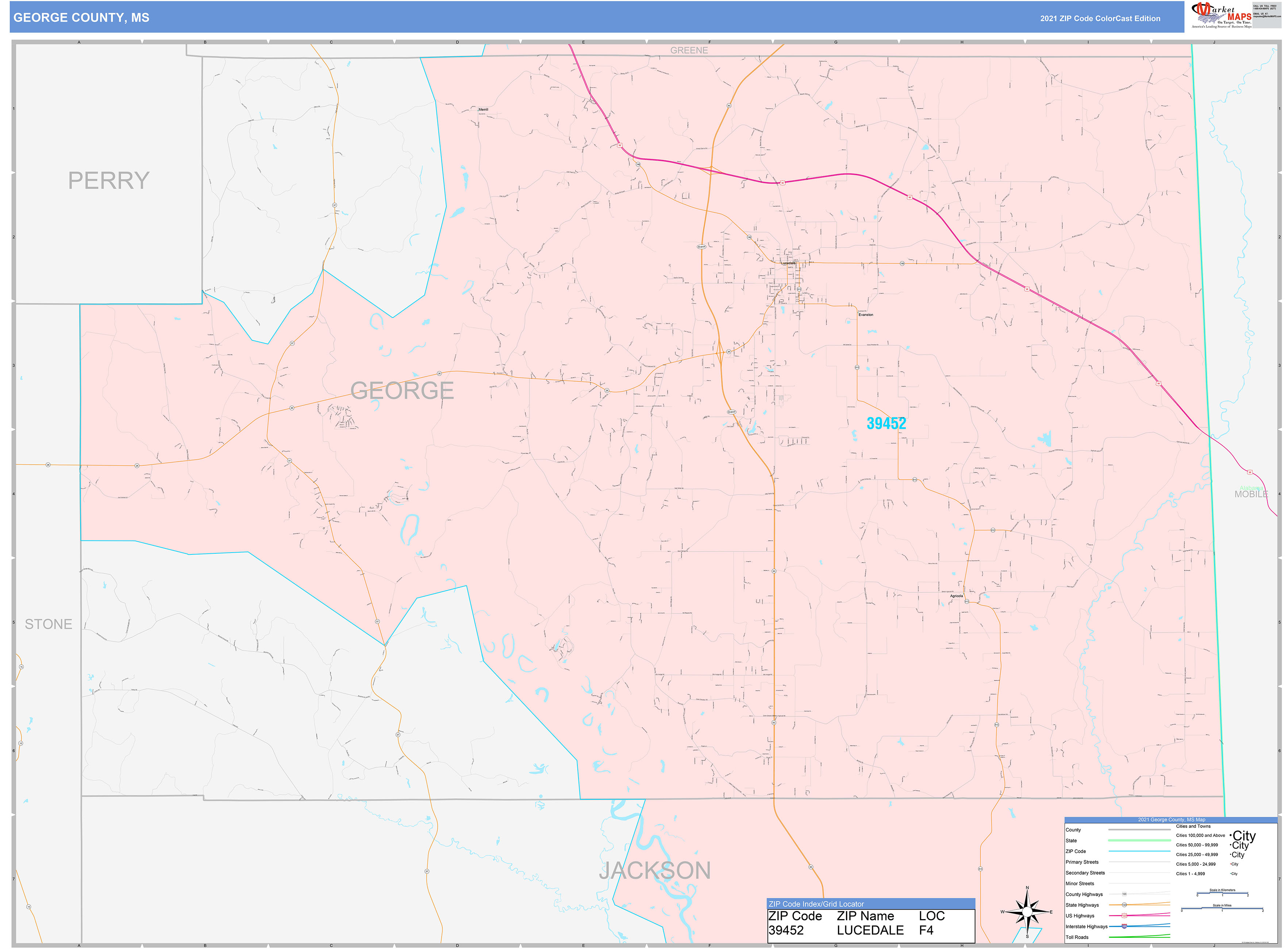 County, MS Wall Map Color Cast Style by MarketMAPS