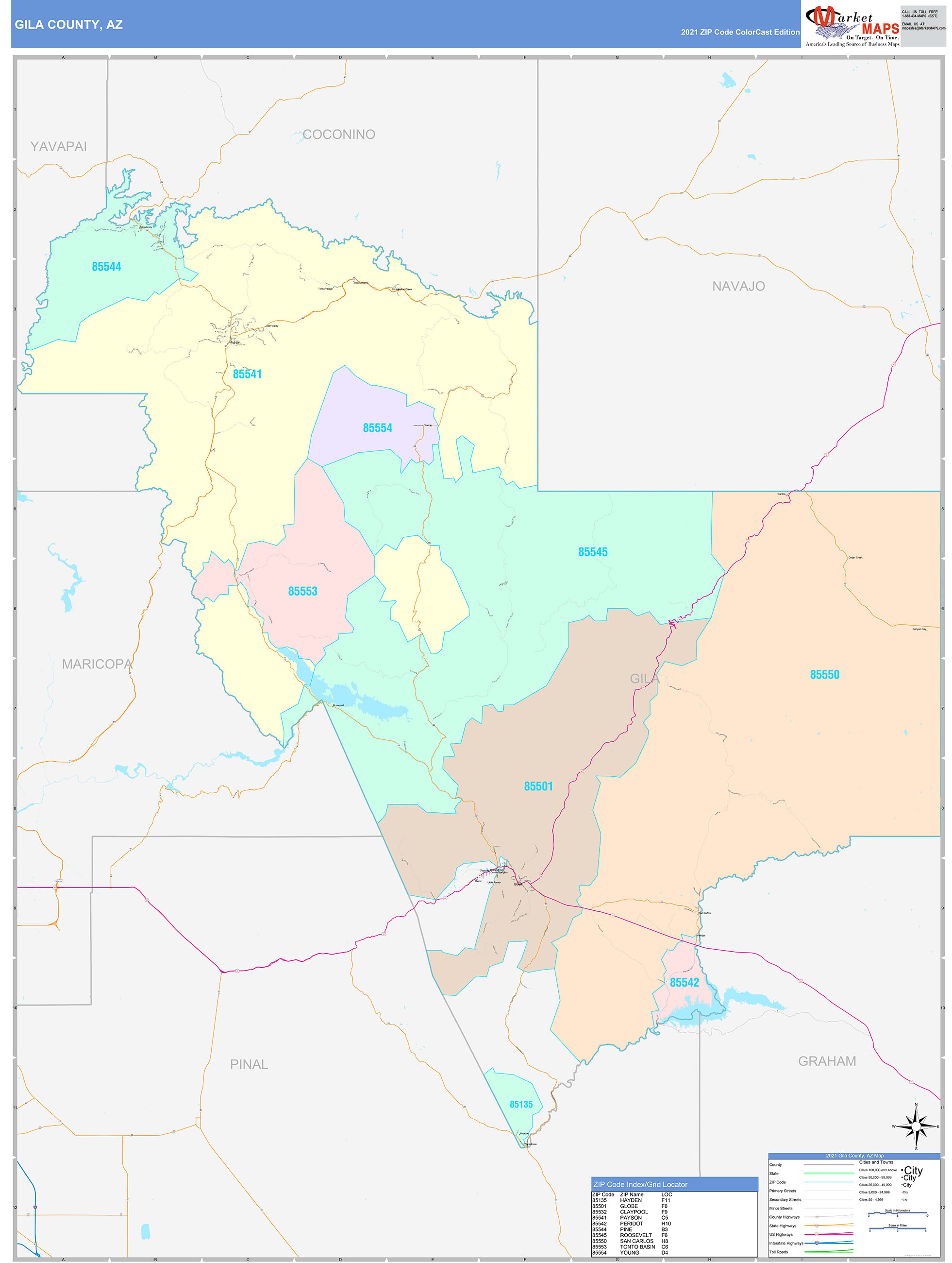 Gila County Az Wall Map Color Cast Style By Marketmap 4169