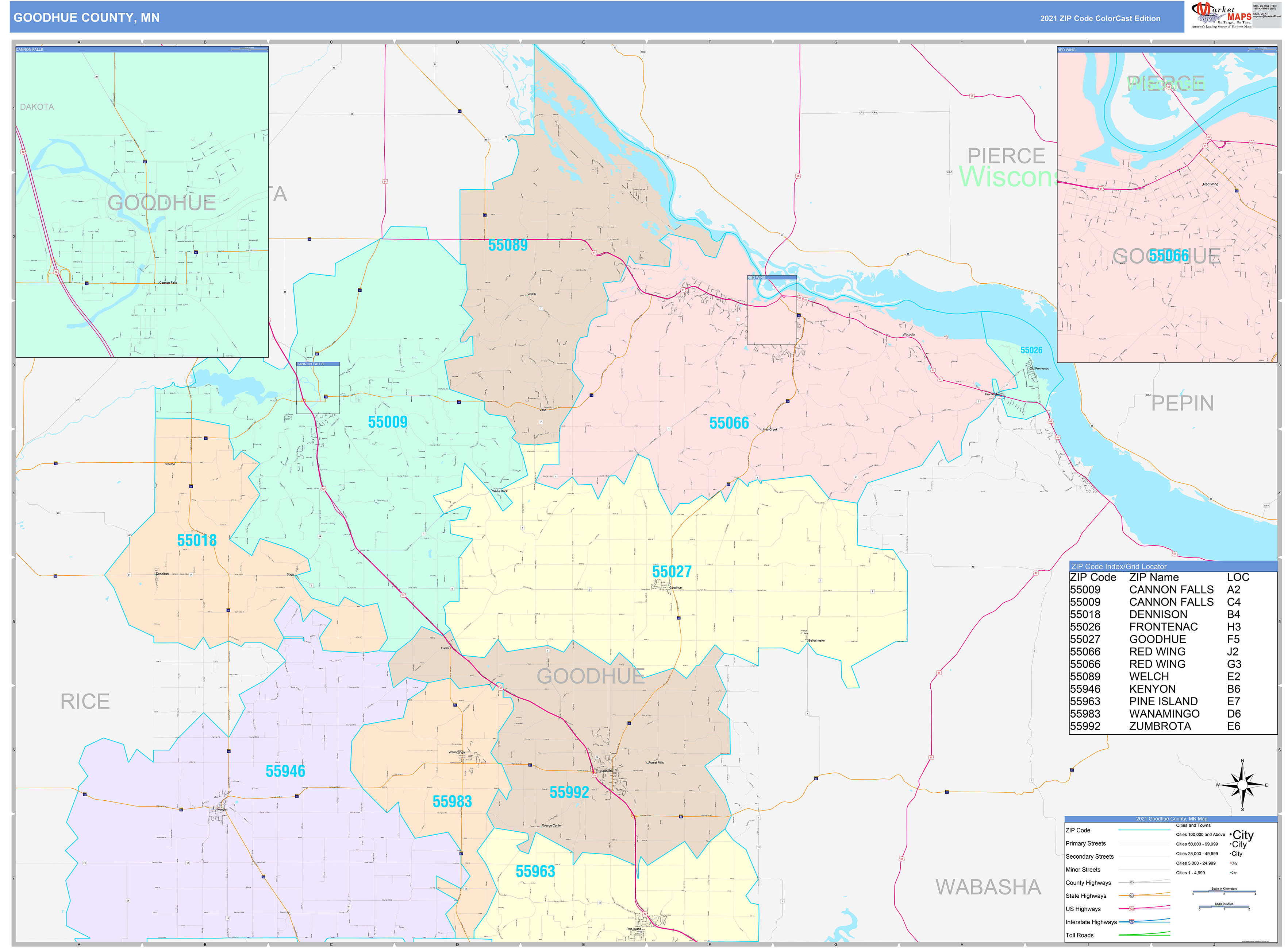 Goodhue County, MN Wall Map Color Cast Style by MarketMAPS