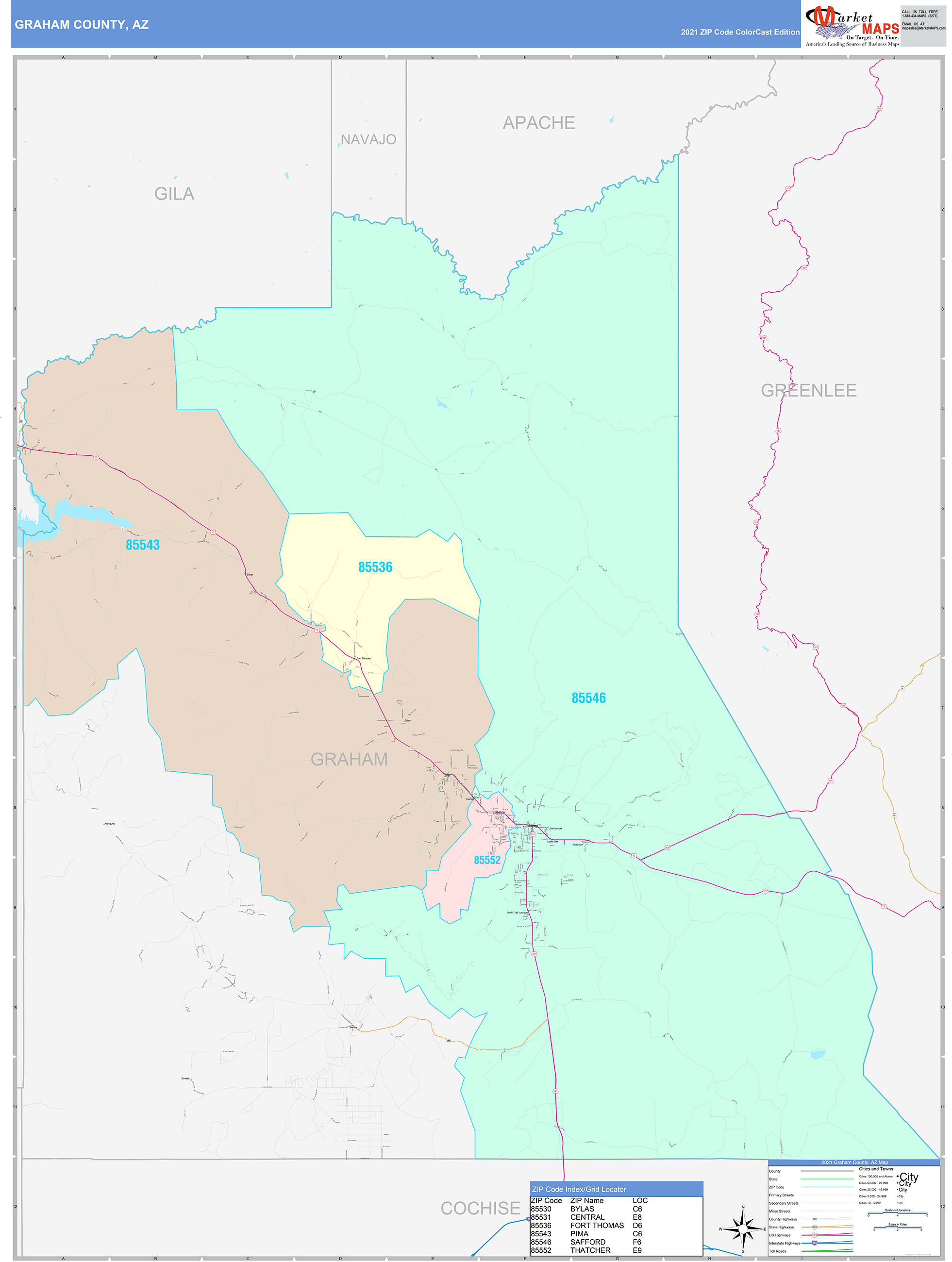 Graham County, AZ Wall Map Color Cast Style by MarketMAPS