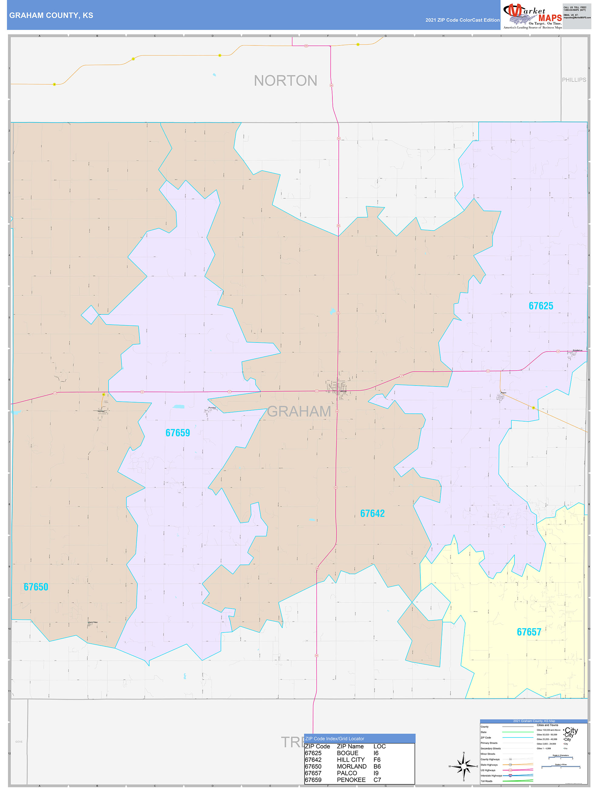 Graham County, KS Wall Map Color Cast Style by MarketMAPS