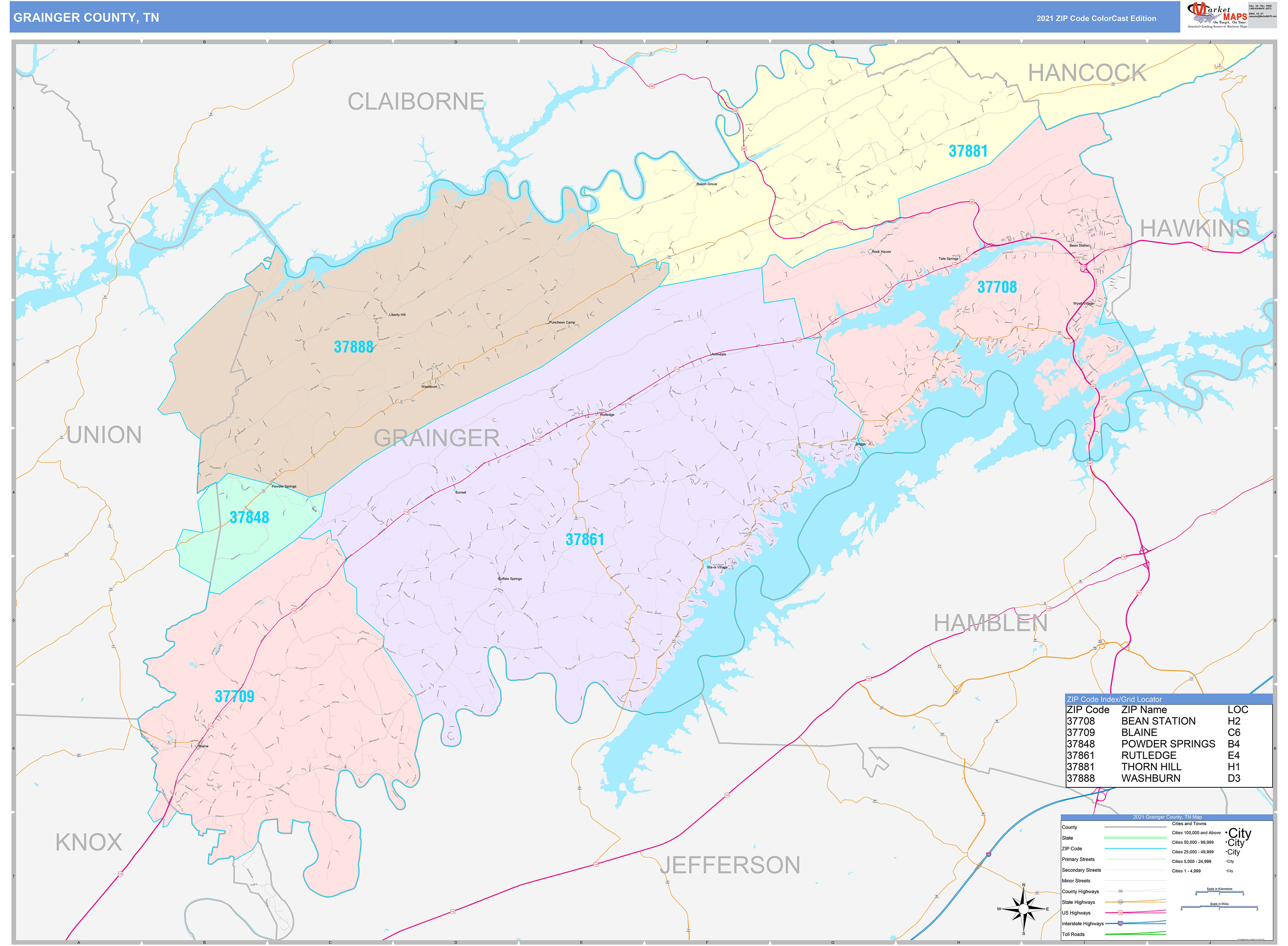 Grainger County, TN Wall Map Color Cast Style by MarketMAPS