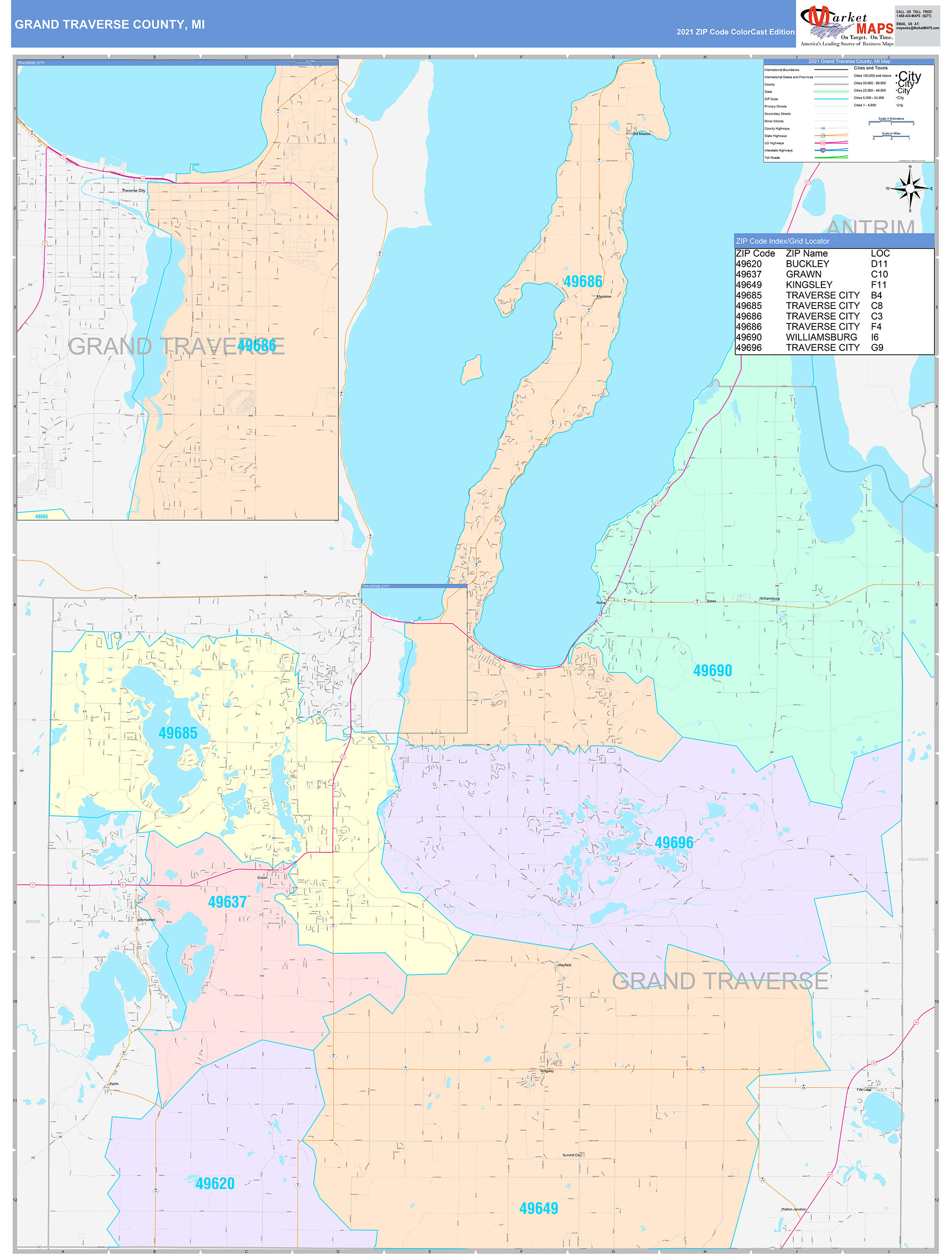 Grand Traverse County Mi Wall Map Color Cast Style By Marketmaps 3645