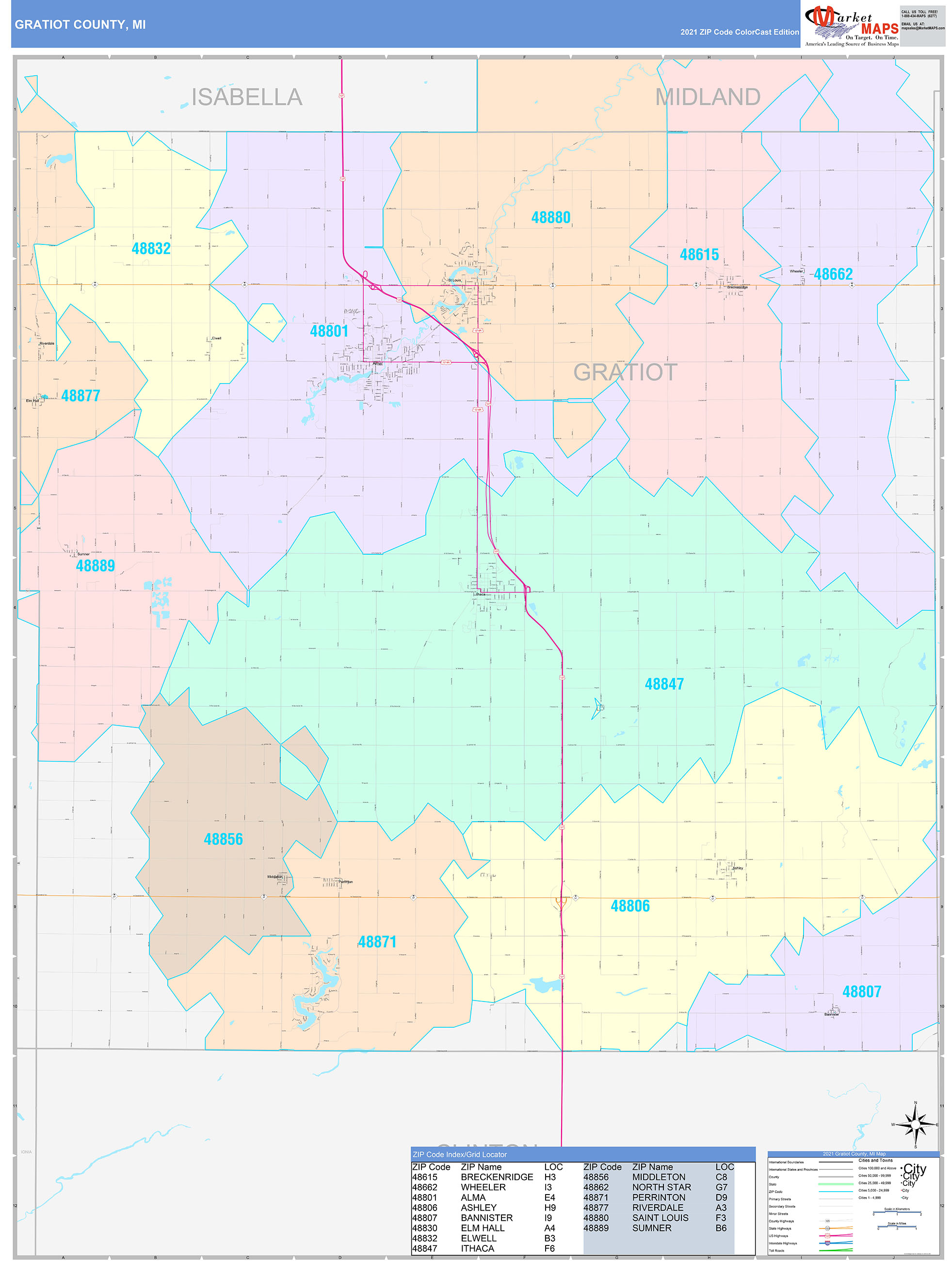 Gratiot County Mi Wall Map Color Cast Style By Marketmaps 8521