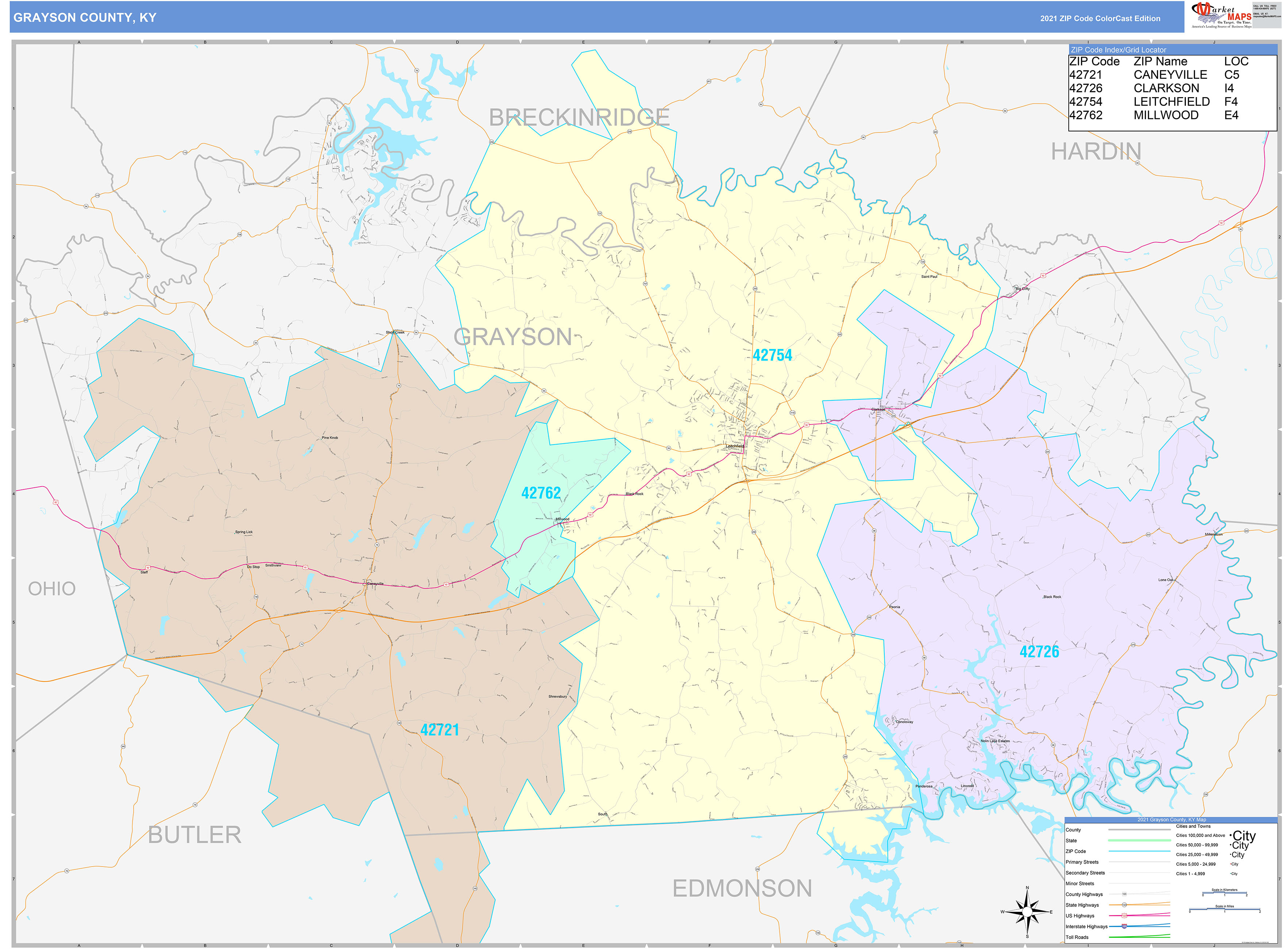 Grayson County, KY Wall Map Color Cast Style by MarketMAPS