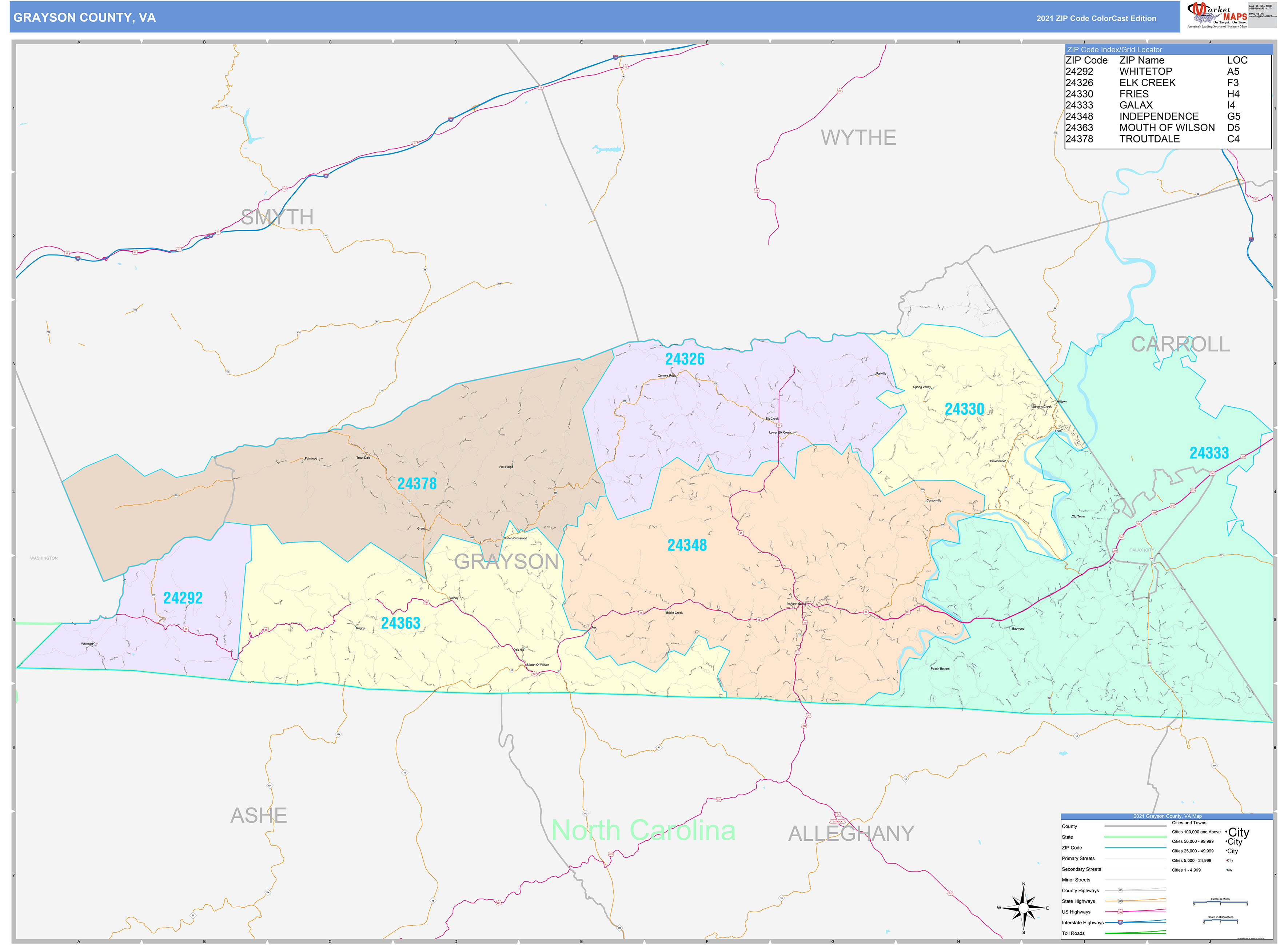 Grayson County, VA Wall Map Color Cast Style by MarketMAPS MapSales