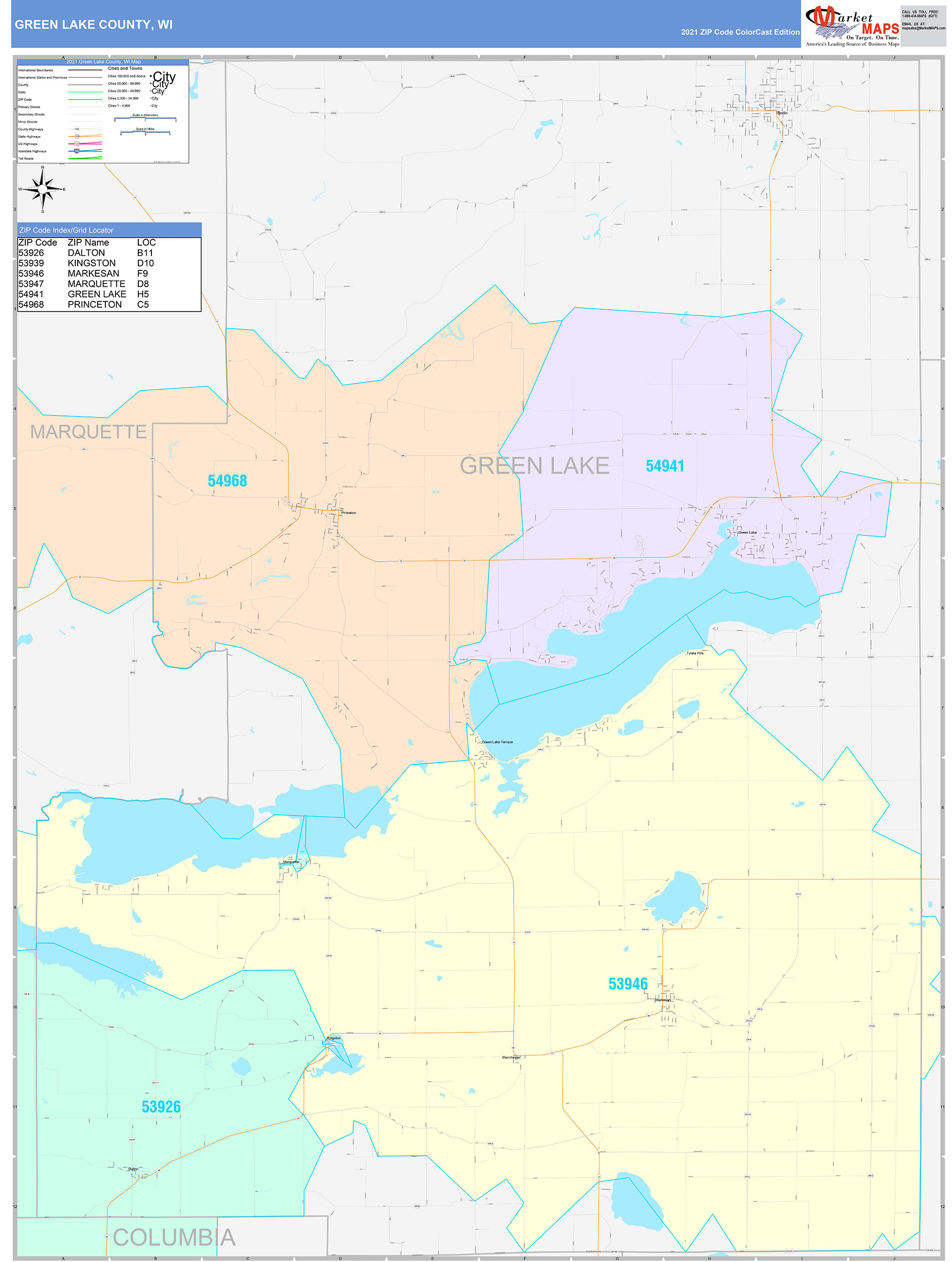 Green Lake County, WI Wall Map Color Cast Style by MarketMAPS ...