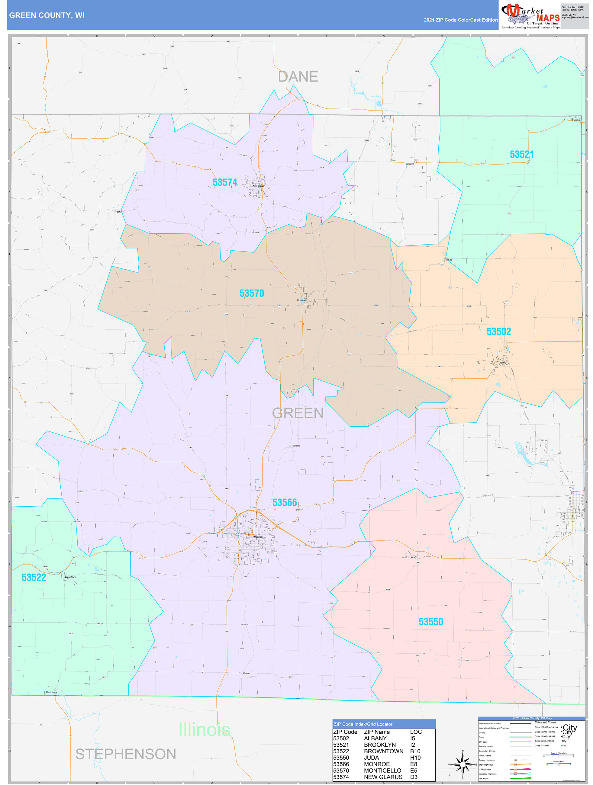 Green County, WI Wall Map Color Cast Style by MarketMAPS - MapSales