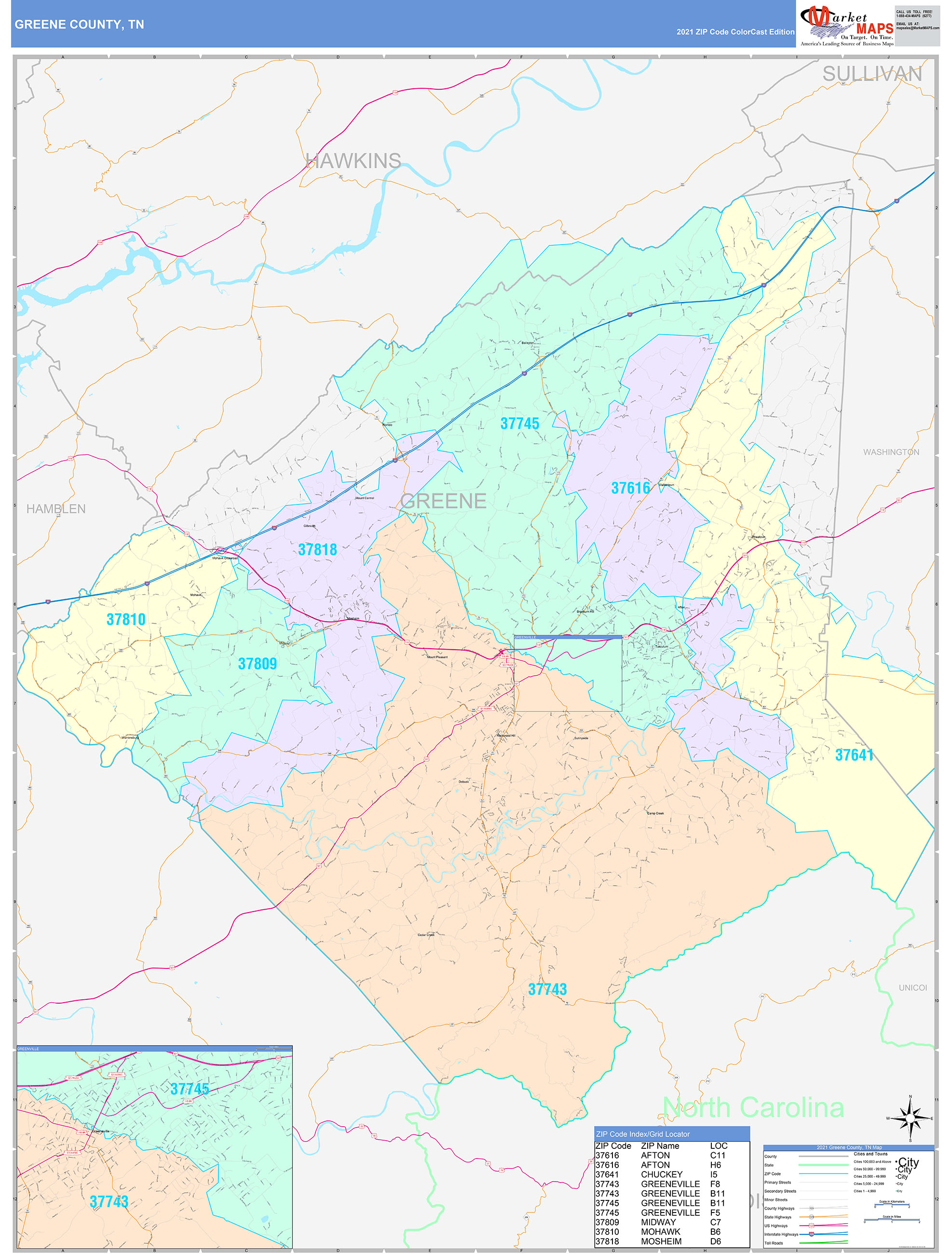 Greene County, TN Wall Map Color Cast Style by MarketMAPS - MapSales