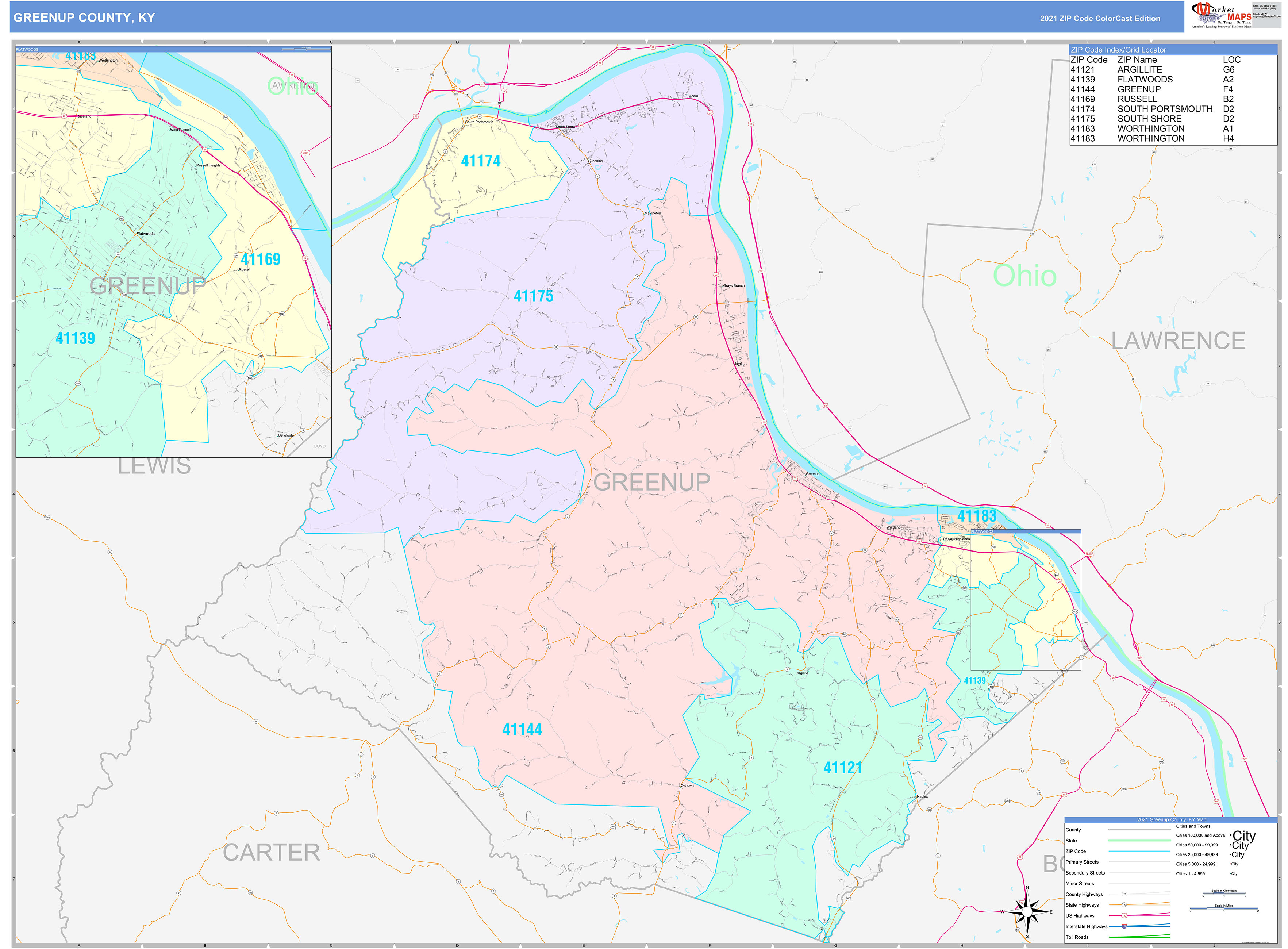 Greenup County, KY Wall Map Color Cast Style by MarketMAPS