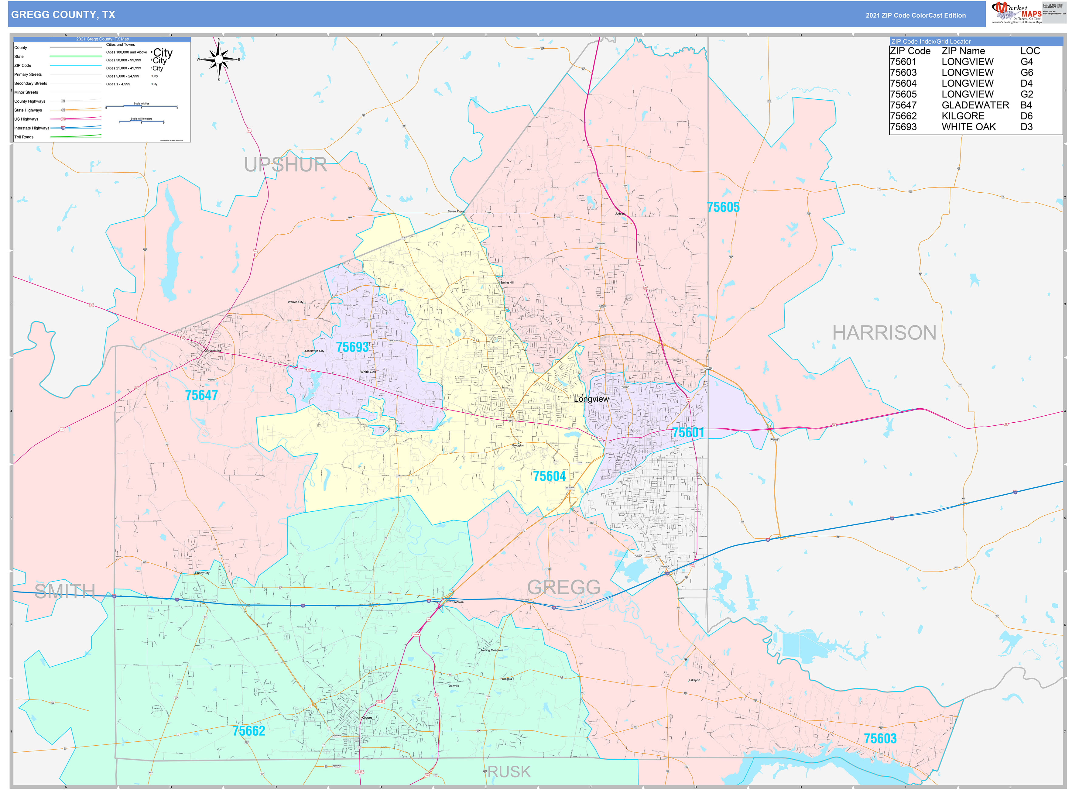 Gregg County, TX Wall Map Color Cast Style by MarketMAPS - MapSales.com