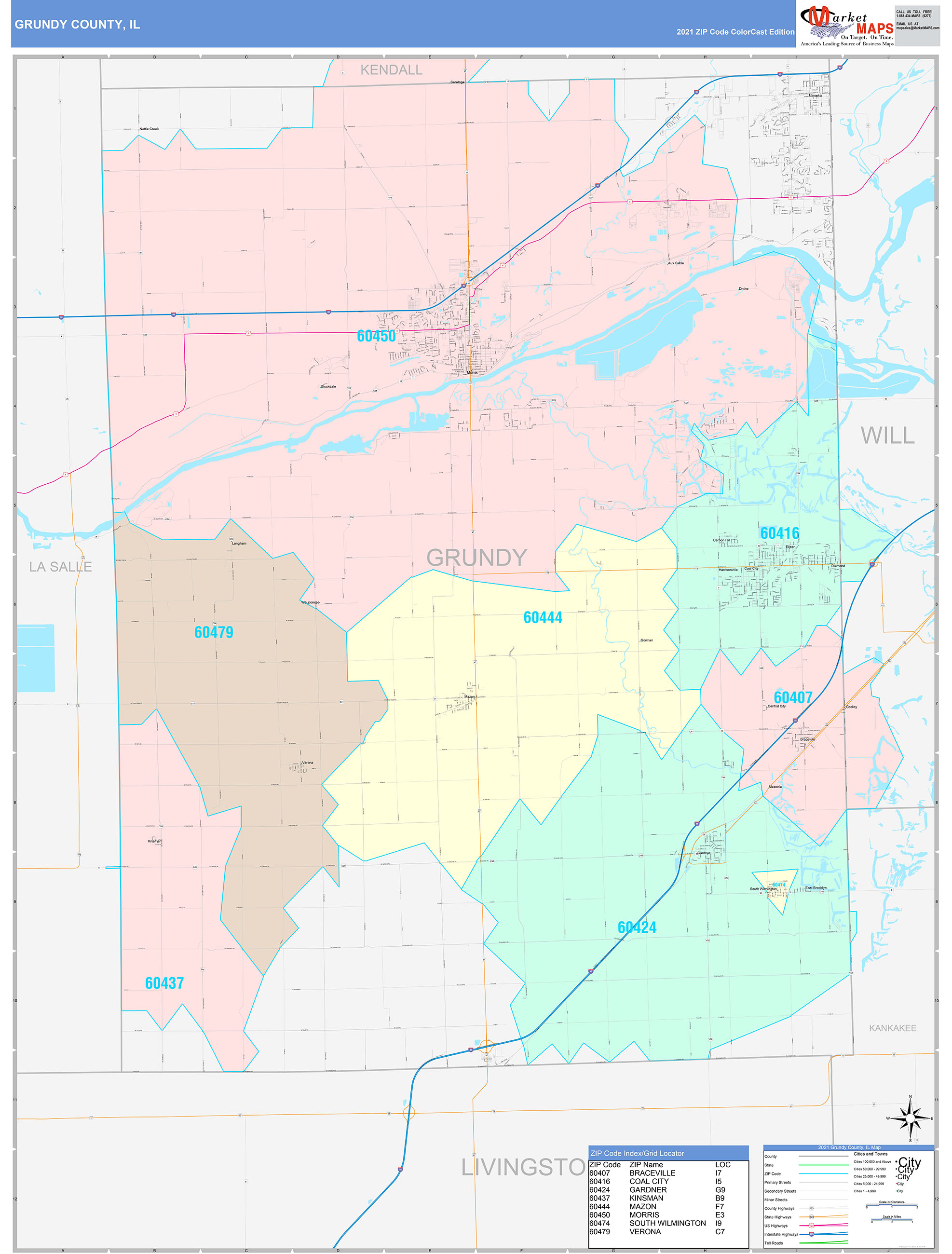 Grundy County IL Wall Map Color Cast Style by MarketMAPS MapSales com