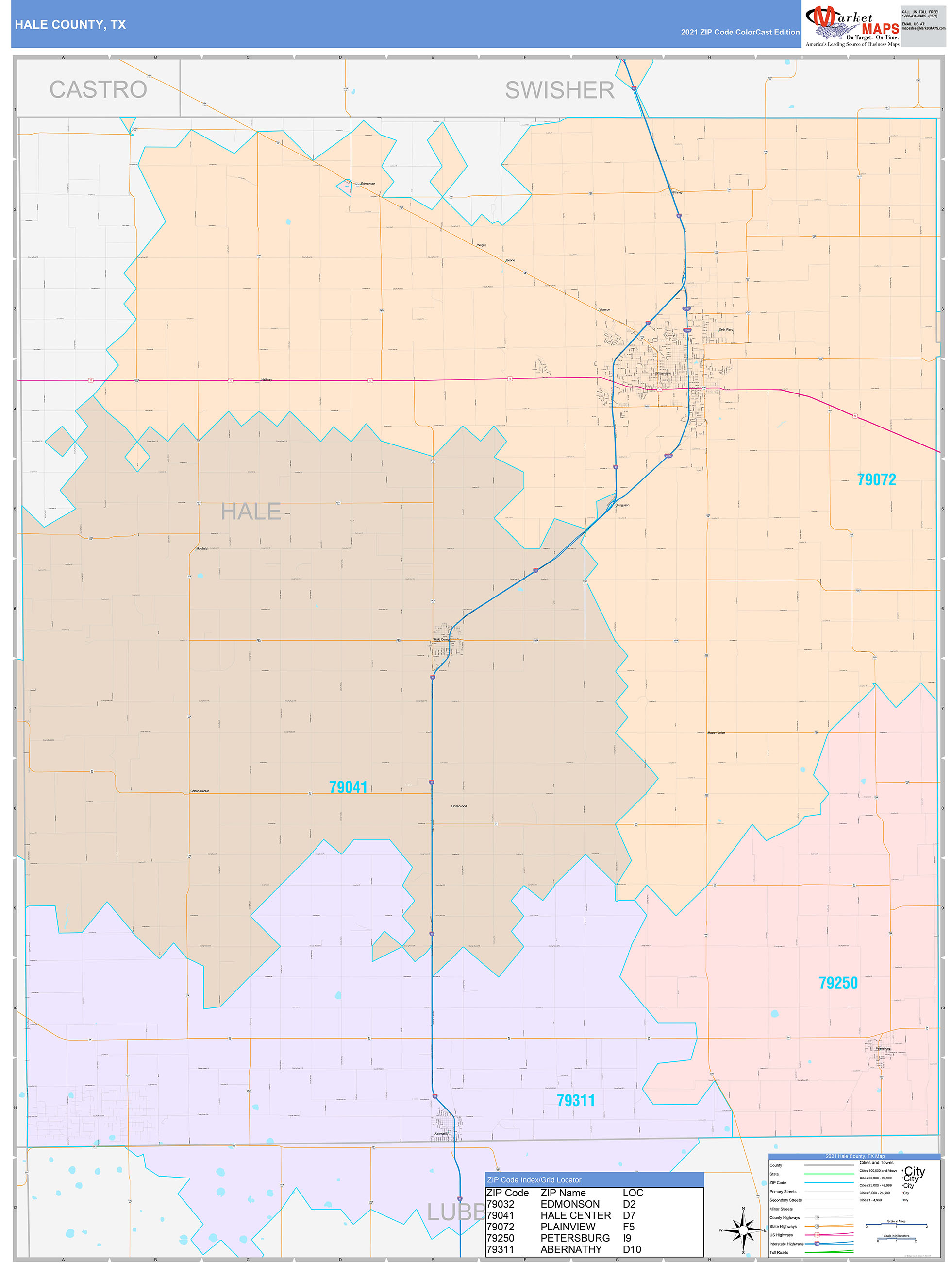 Hale County, TX Wall Map Color Cast Style by MarketMAPS