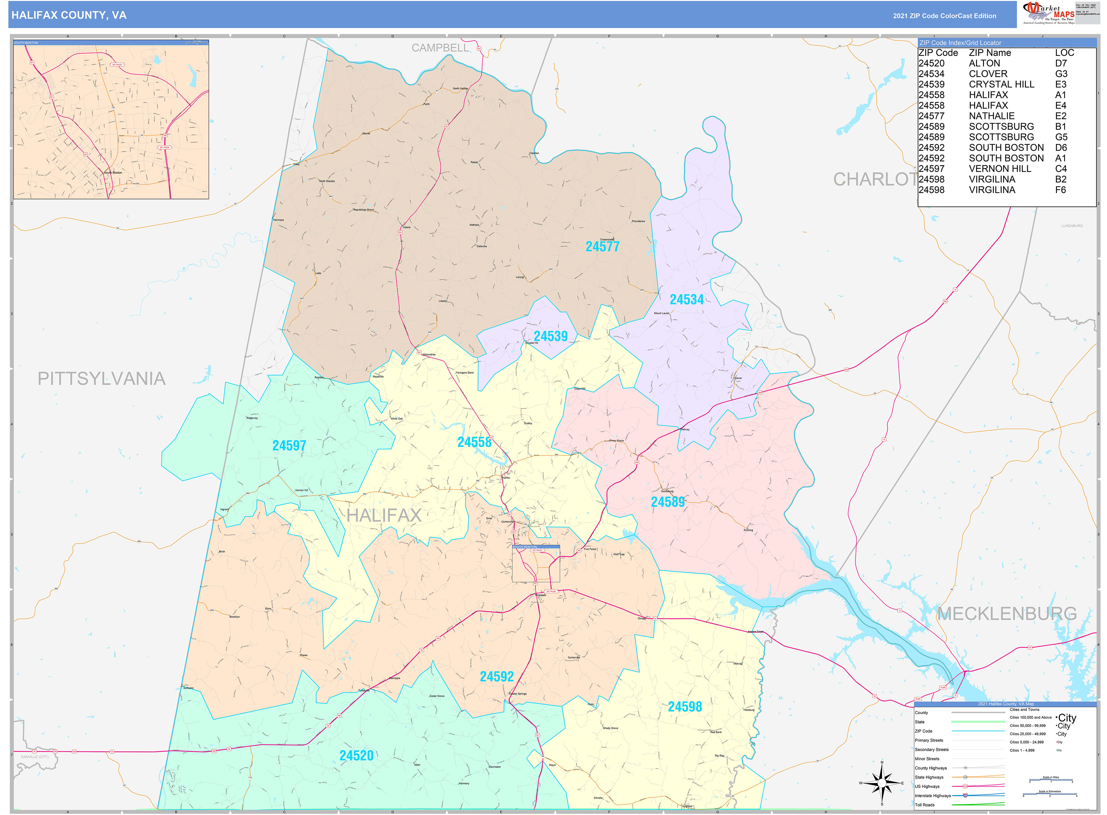 Halifax County, VA Wall Map Color Cast Style by MarketMAPS