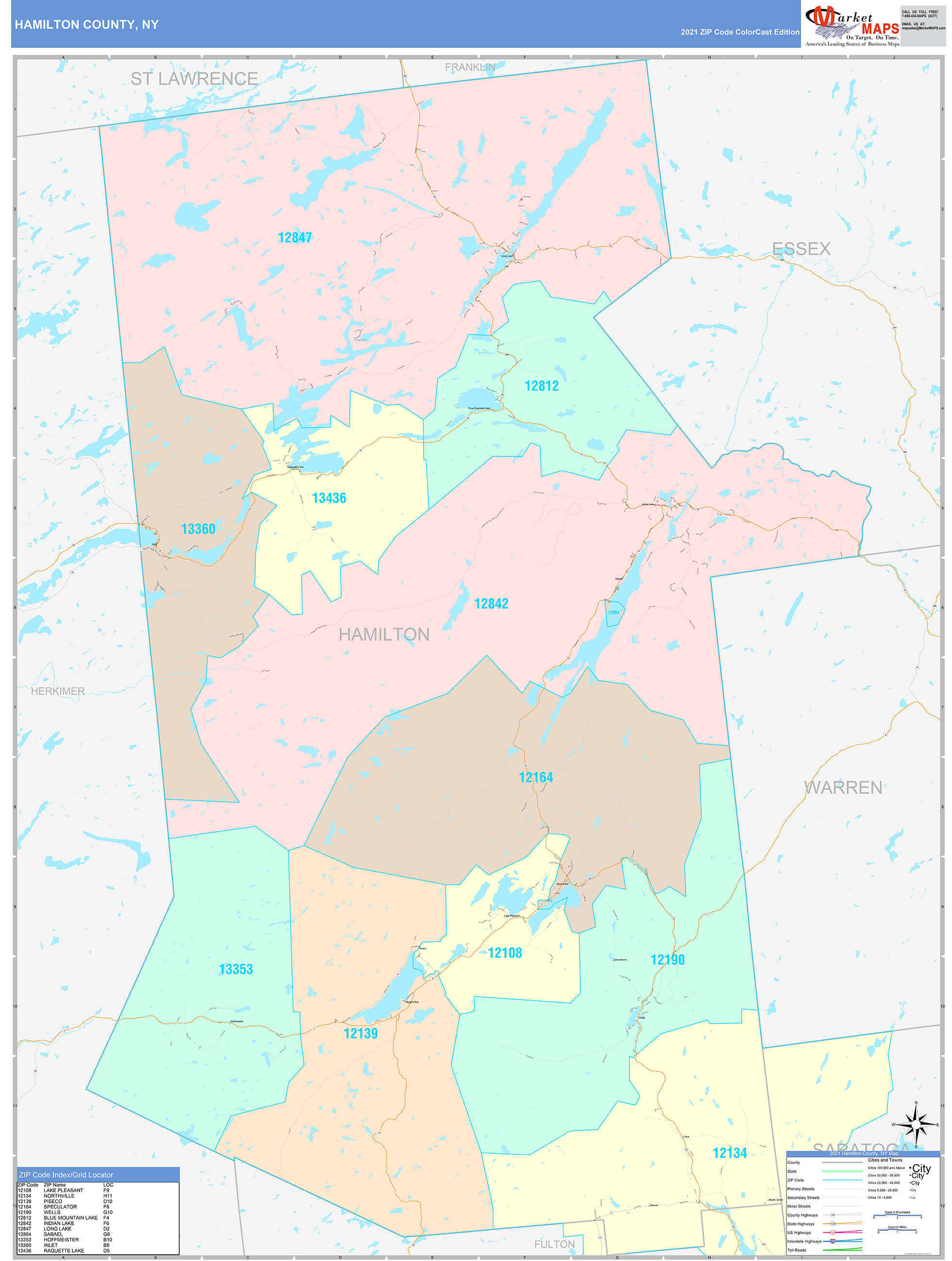 Hamilton County Ny Wall Map Color Cast Style By Marketmaps 9523