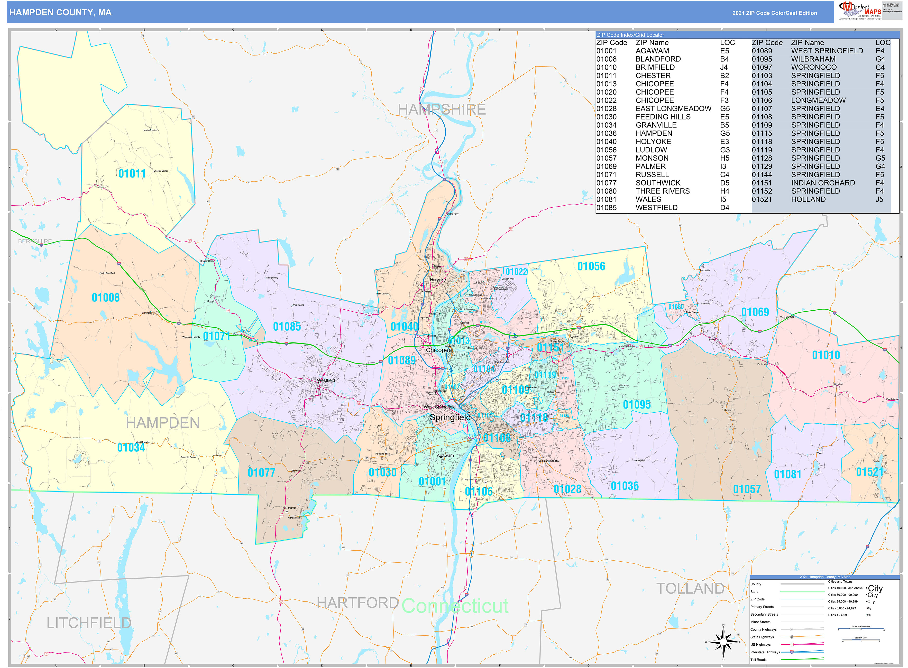 Hampden County, MA Wall Map Color Cast Style by MarketMAPS - MapSales